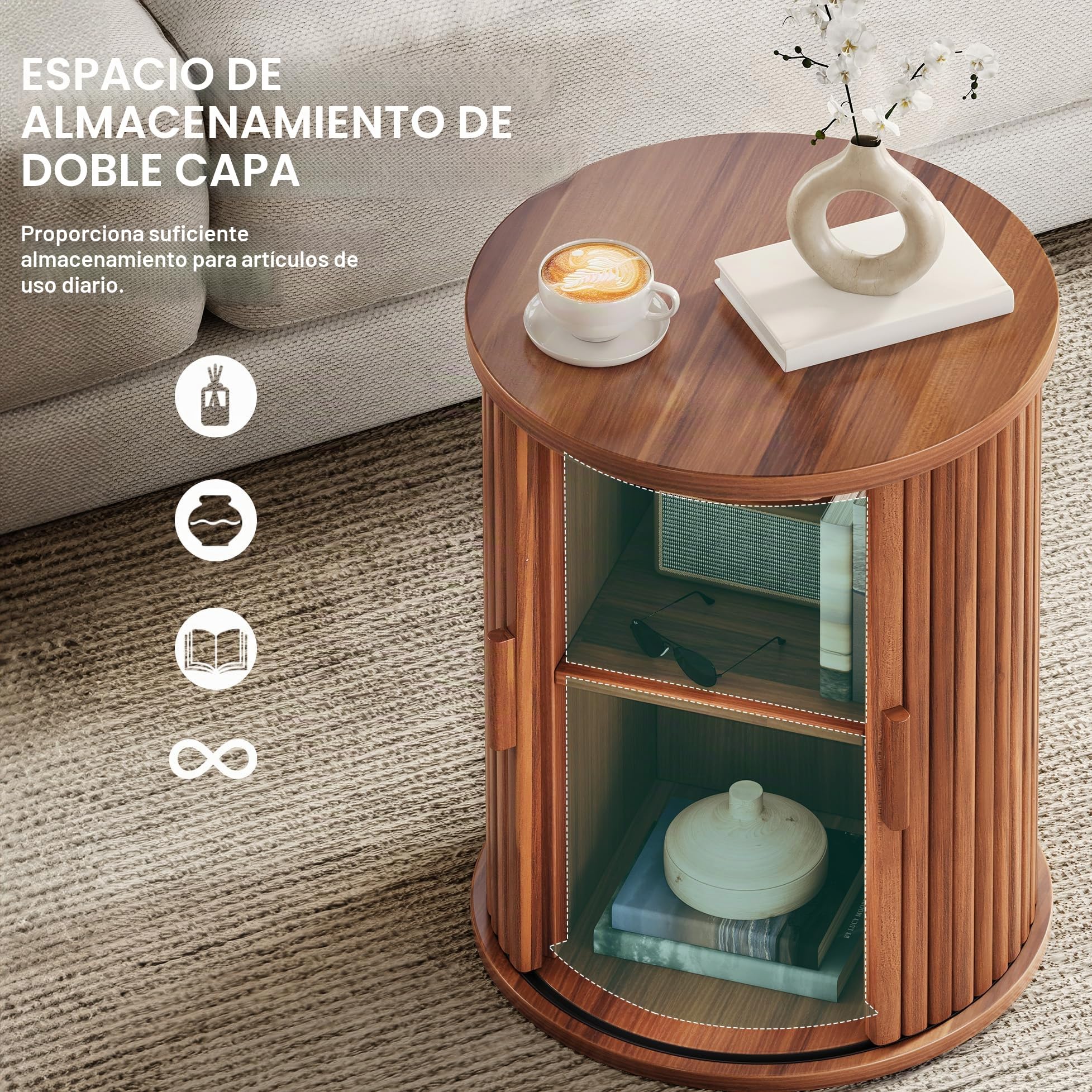 YITAHOME Mesa Redonda con Armario de Puerta corrediza, Mesa Auxiliar con Estante de Almacenamiento de 2 Niveles para Dormitorio, Comedor, Sala de Estar, Oficina en casa o apartamento, Mesa de café