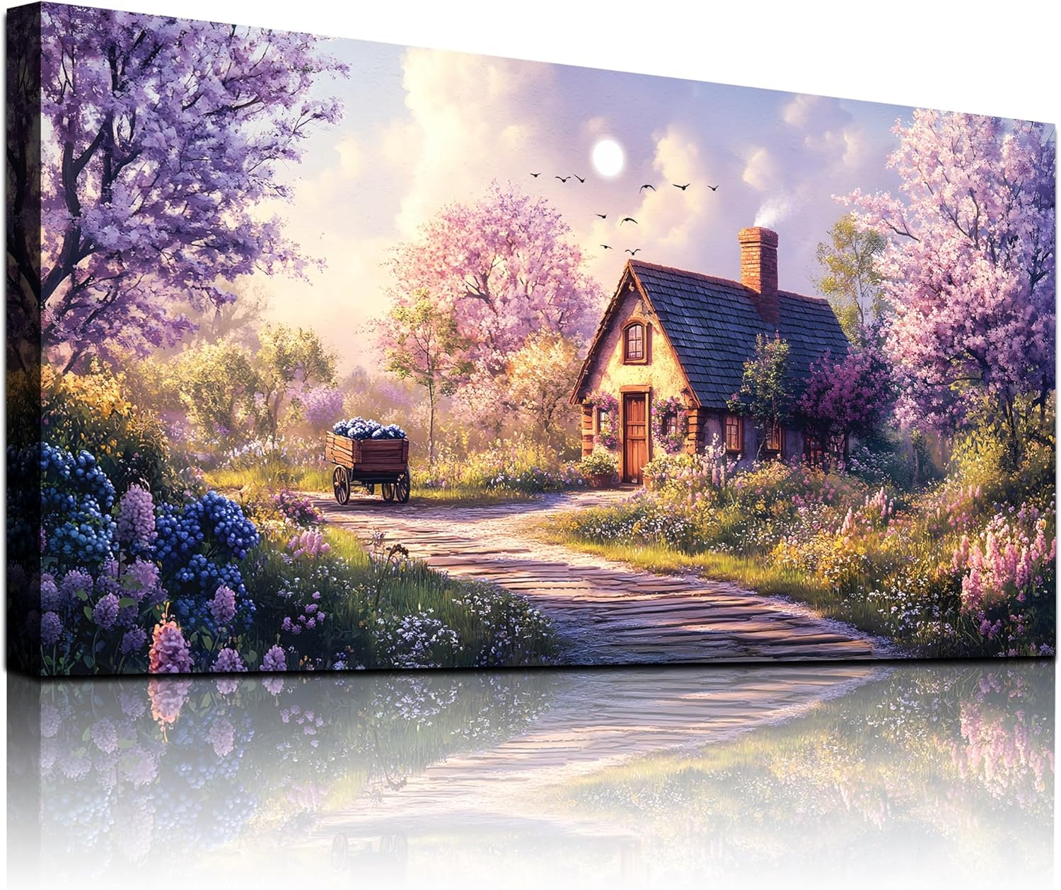 WLWBINTING Purple Scenery Painting Large Wall Art Farmhouse Wall Decor for Bedroom Cherry Blossoms Watercolour Canvas Prints Artwork House Pictures Living Room Office Countryside Natural Home Decor