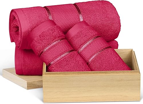 Miniatura 3 de Juego de 6 toallas de algodón de fibra larga ultra suave Zero Twist, el juego incluye 2 toallas de baño, 2 manos y 2 paños de lavado (borgoña)