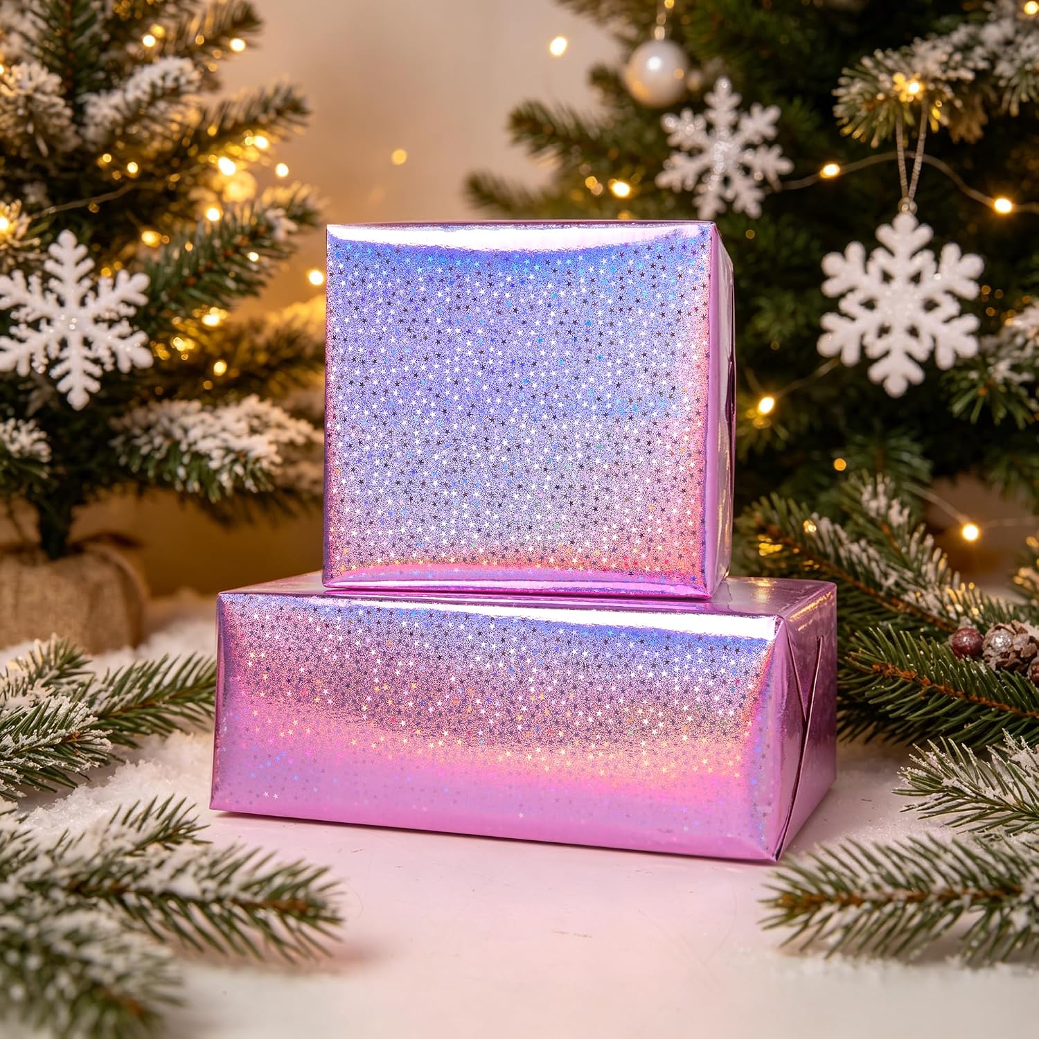 Vnaaem Pink Holographic Wrapping Paper Roll - Metallic Foil Stars Design Gift Wrap for Birthday Kpop Party Graduation Wedding Baby Shower(17 IN x 16.5 Ft)