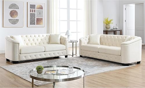 Juego de sofá Chesterfield de terciopelo moderno de 2 piezas de 77 pulgadas, 3 plazas, respaldos tapizados con brazos de cabeza de clavo y 4 cojines