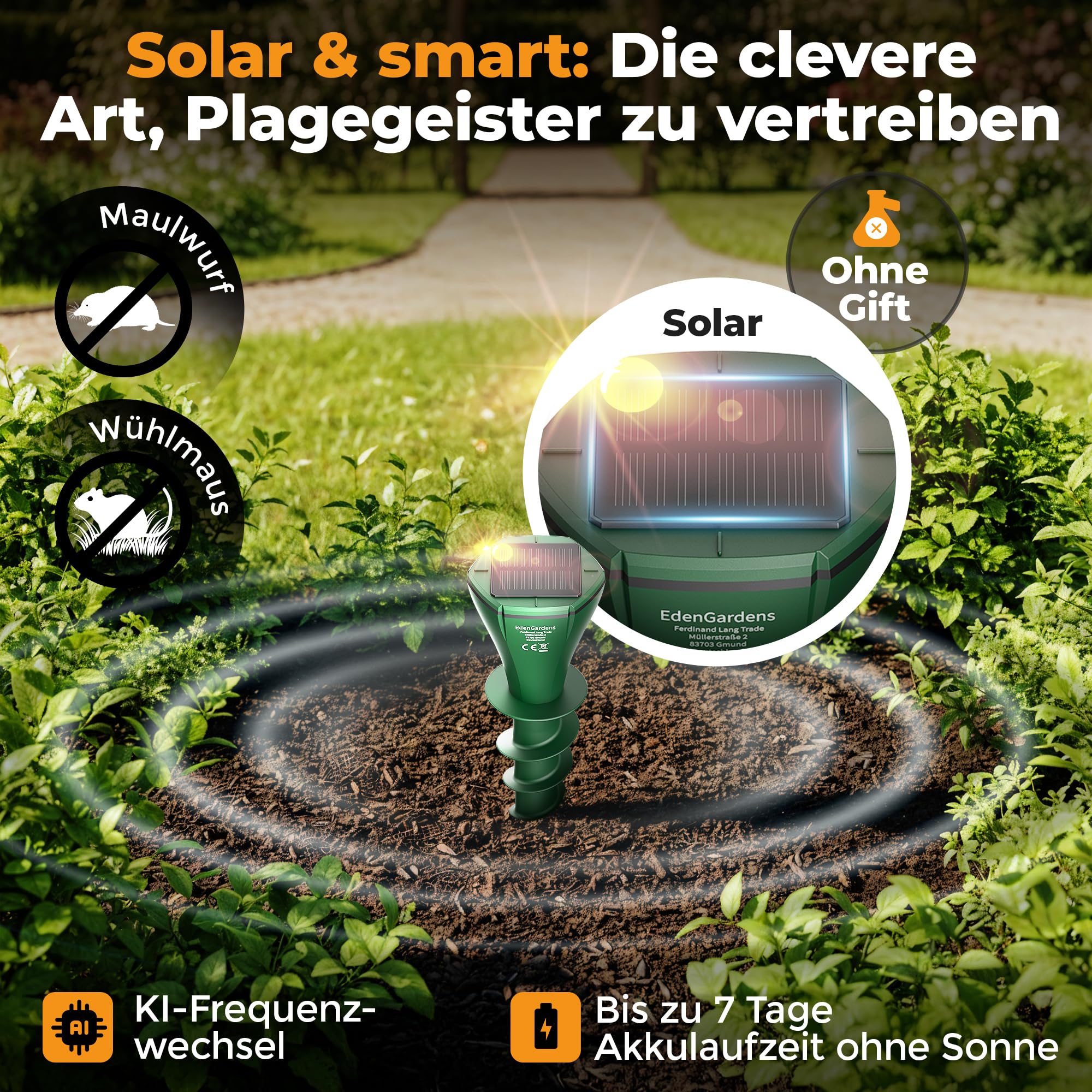 EdenGardens SOLAR MOLE PRO Maulwurf Vertreiber bestes Mittel gegen Wühlmäuse & Maulwurf - Maulwurfschreck Maulwurfvertreiben (4er Set)