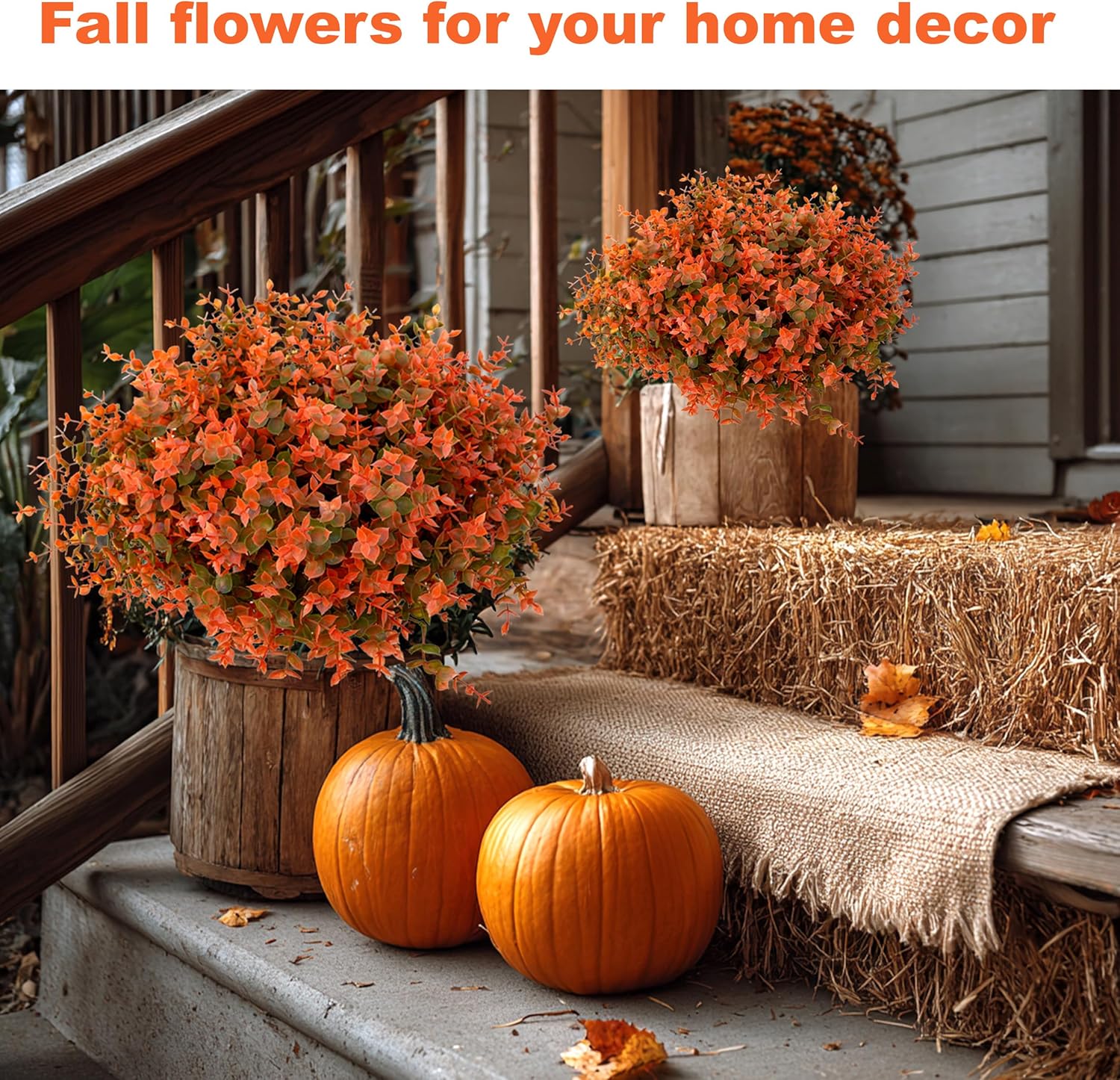 Artificial Fall Flowers Outdoor Fake Mums - 16 Bundles Fake Plants UV Resistant No Fade Faux Plastic Greenery Garden Porch Patio Fall Home Decor (Green Orange) - Image 6