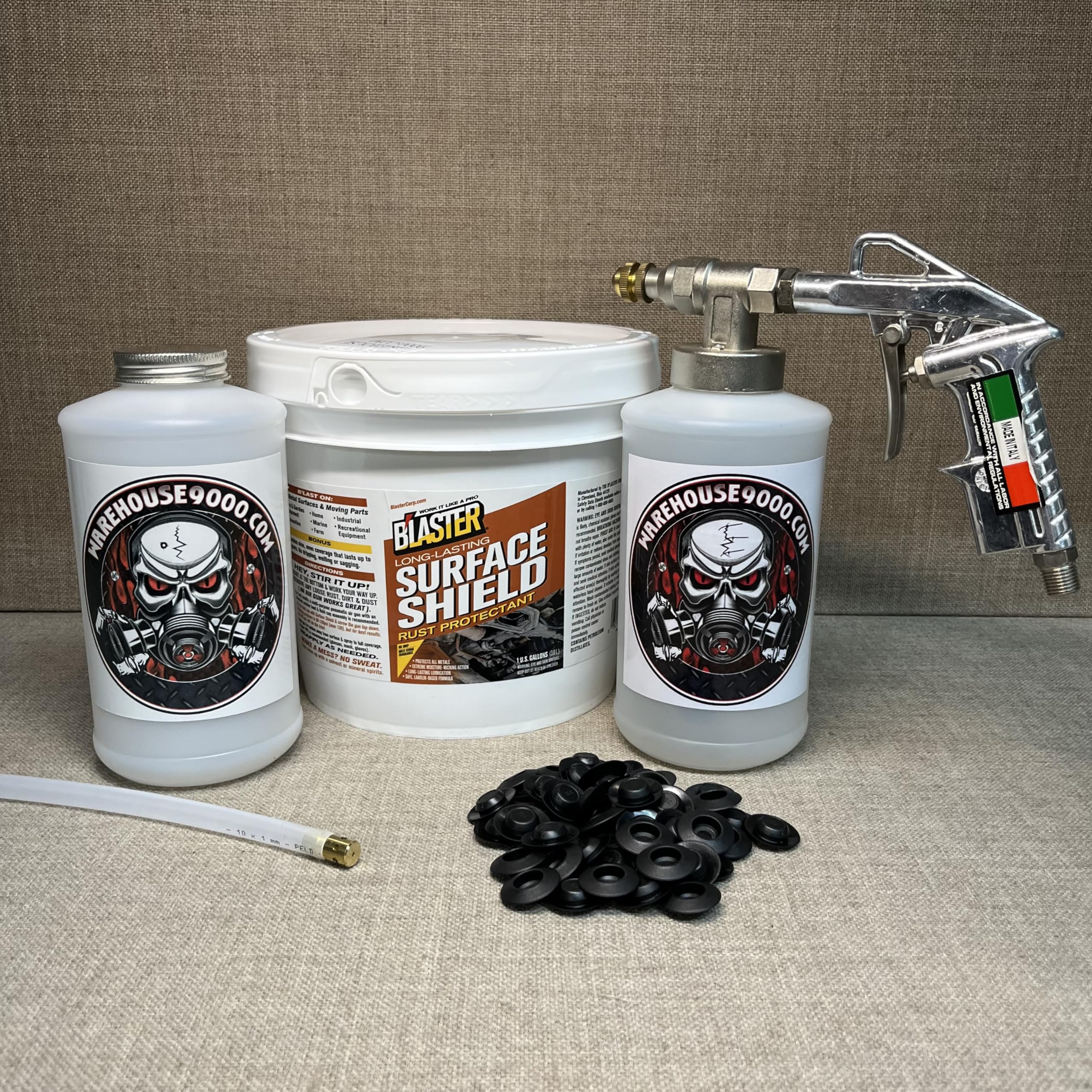 Gallon PB Blaster Surface Shield, Pro Undercoating Spray Gun, 360* Wand, 2 Quart Bottles, and 50 Rust Plugs