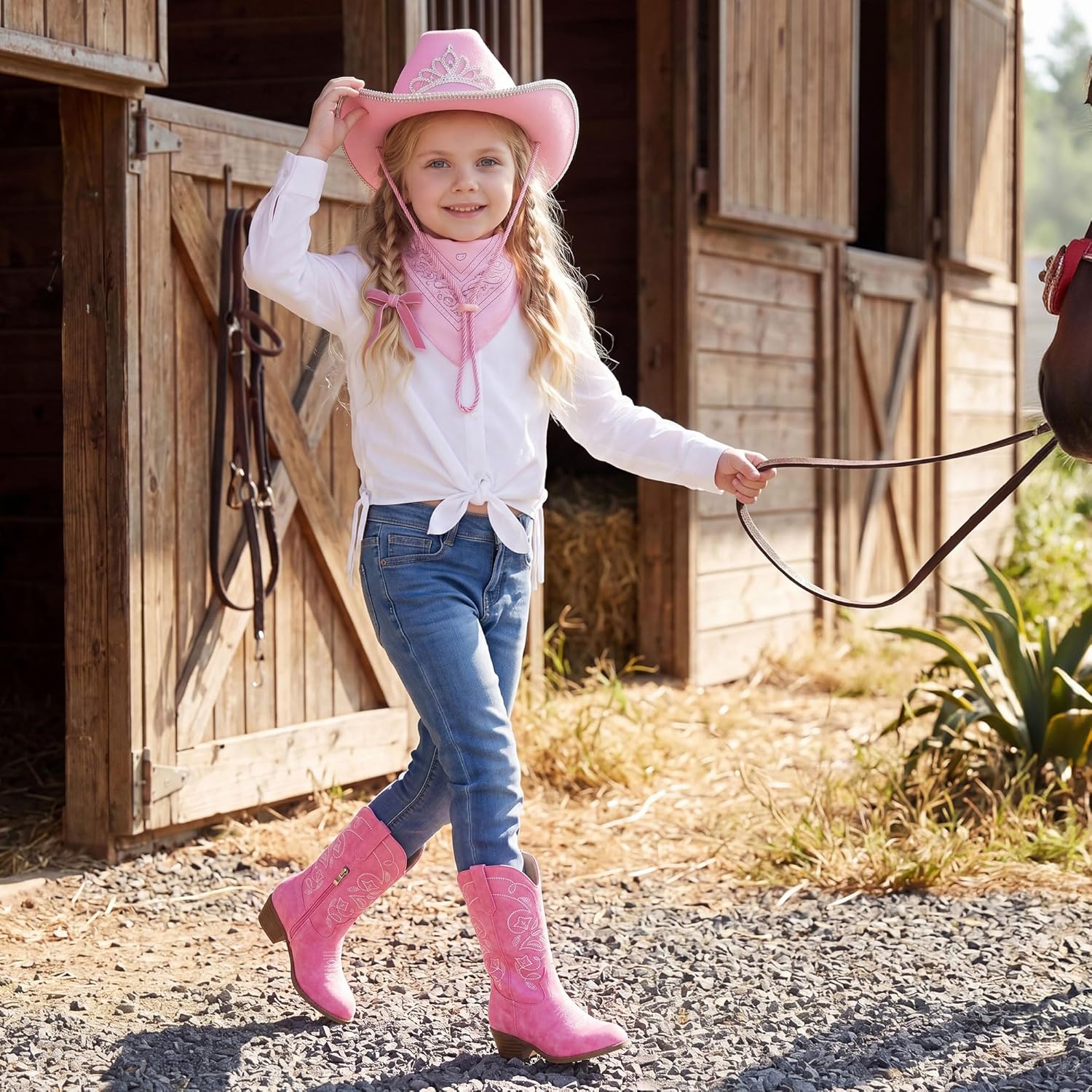LAURMOSA Cowgirl Boots for Girls Mid Calf Youth Girl Cowboy Western Boots Pointed Toe Embroidered for Horse Riding Country Party Toddler Little Big Kids