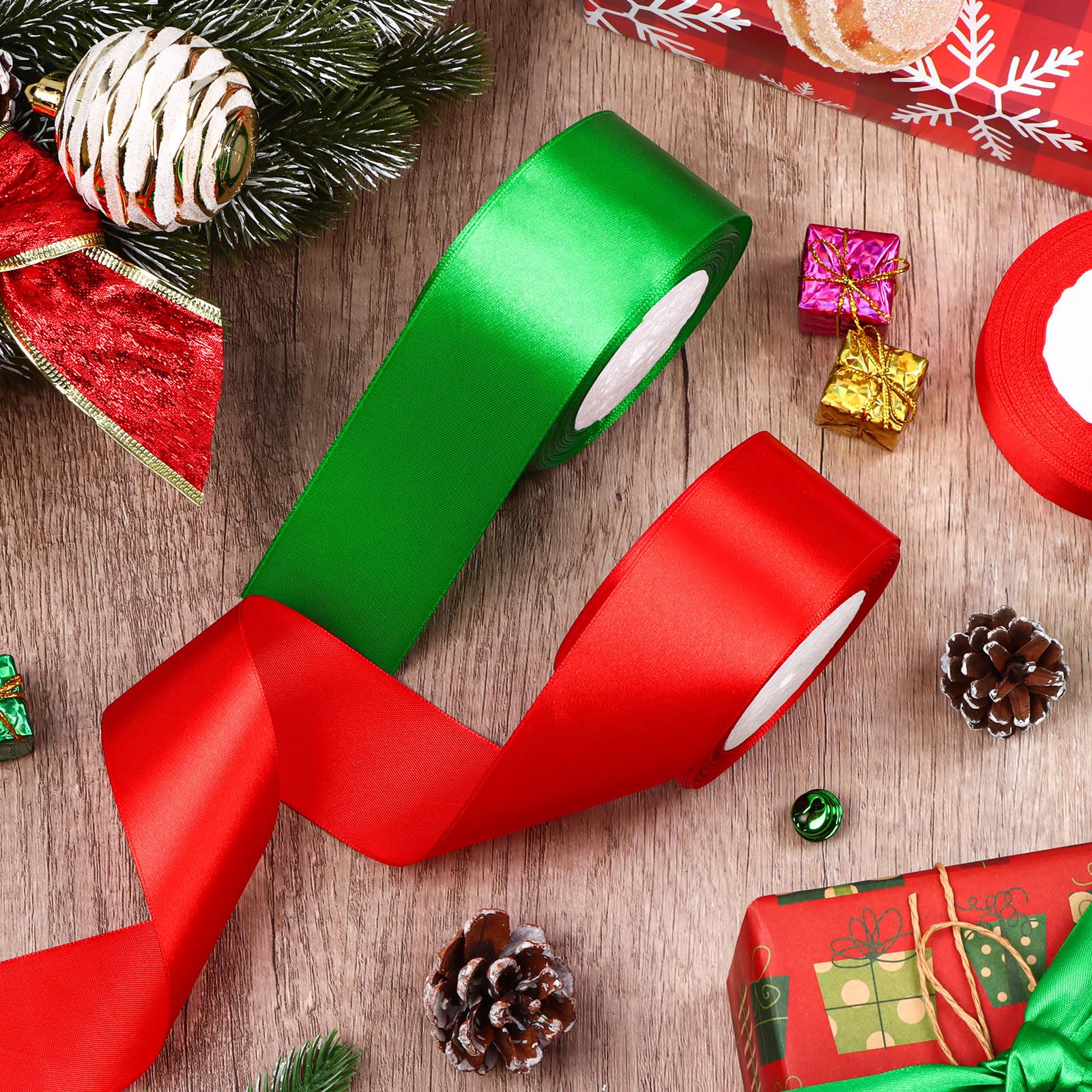 2 Inch Christmas Ribbon - 50 Yard Red & Green Double Faced Satin (2 Rolls)