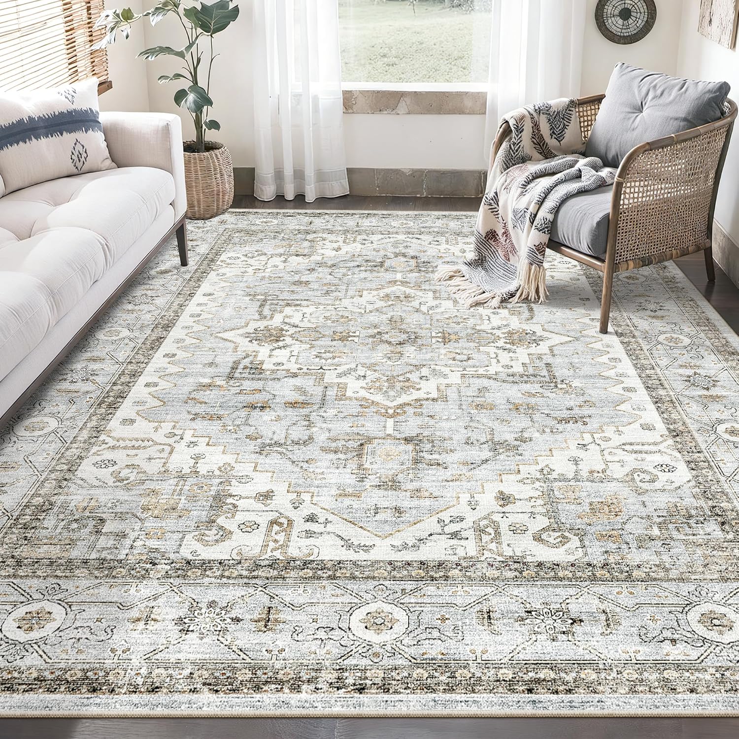 Area Rug 6x9 - Boho Non-Slip Low Pile, Machine Washable (Light Blue & Beige)