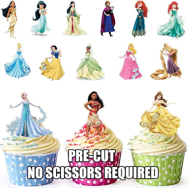 PRE-CUT Princess Party Pack, 28 Cup Cake Toppers - Edible Stand Up Decorations