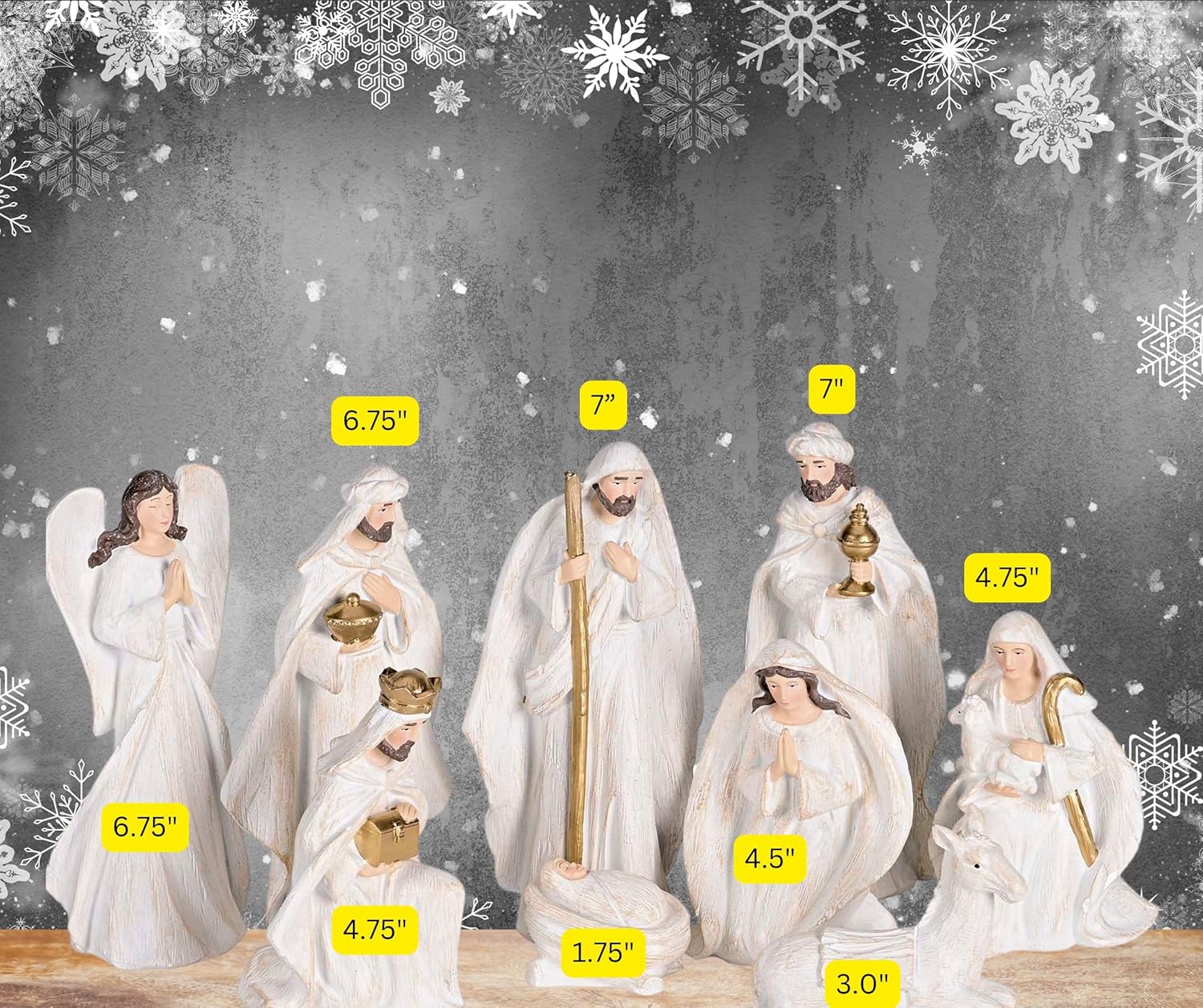 Dicksons Nativity Scene Figurines Christmas Décor 3.75 x 7 Inch Resin Holy Family White and Gold Carved Mock Set of 9