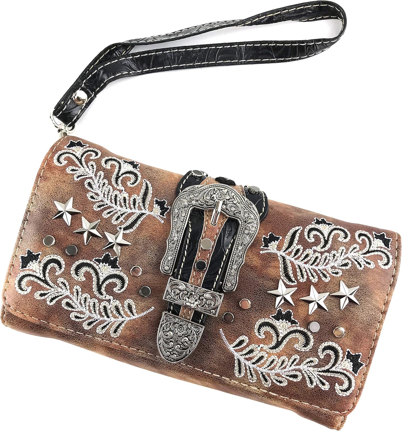 Zelris Western Buckle Star Floral Women Crossbody Wrist Trifold Wallet