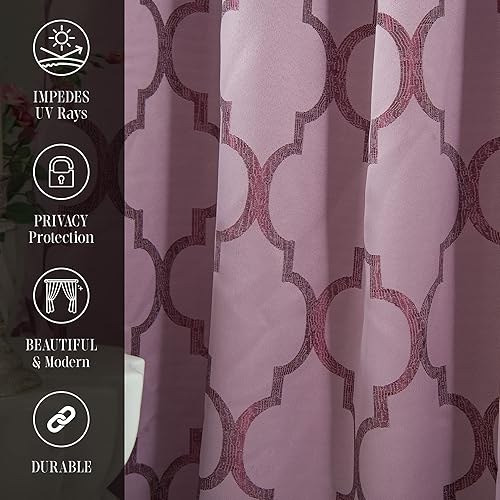 Miniatura 6 de Elegant Comfort Juego de 2 paneles de cortina de aspecto jacquard con cenefa de cascada adjunta 54 x 84 pulgadas patrón de cuadrifolio lilamorado
