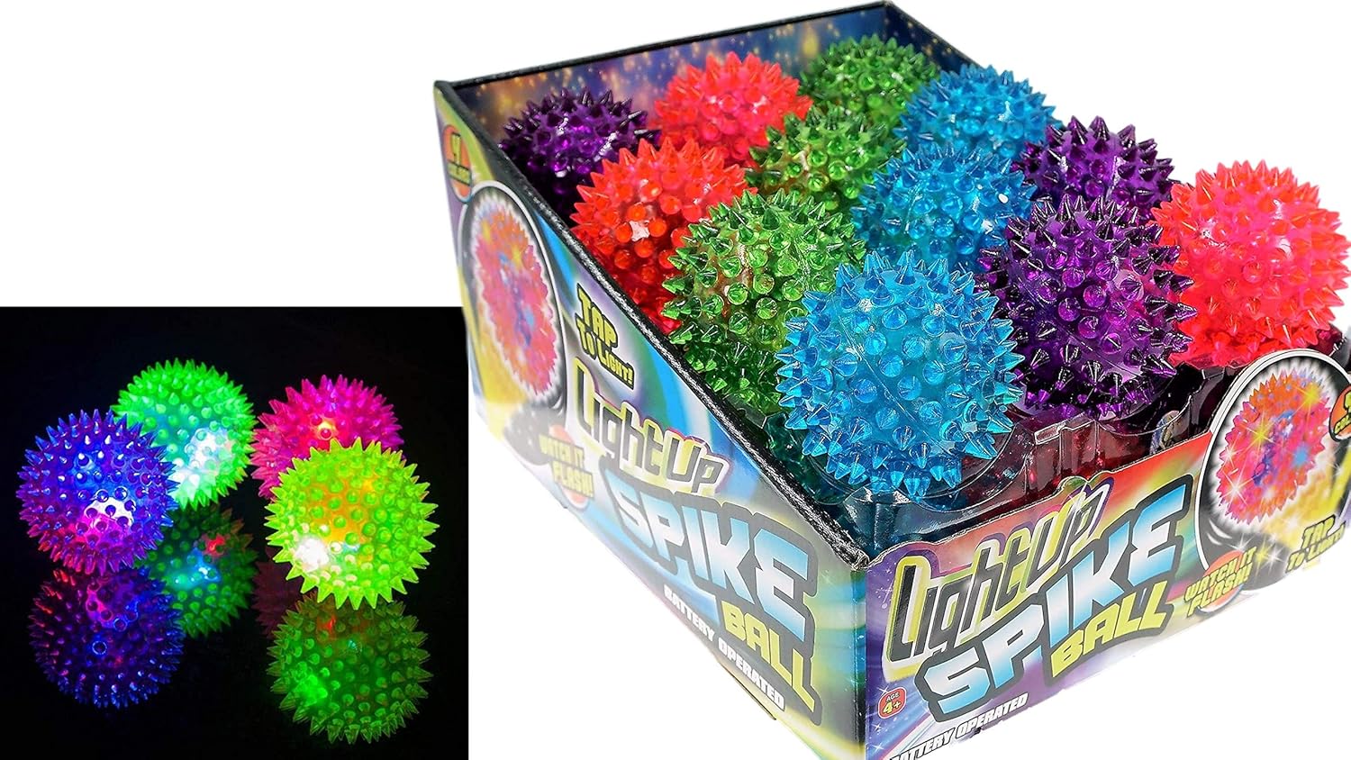 JA-RU Light Up Spiky Balls for Kids (24 Pack) – Light Up Bouncy Balls, Spiky Fidget Toys for Stress Relief, Sensory Bin Filler, Bulk Party Favors, & Classroom Prizes. 695-24p