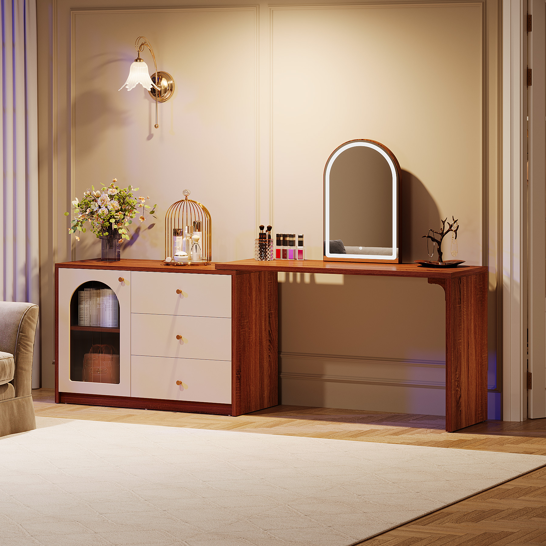 Tribesigns Retractable Makeup Vanity Desk, Modern Dressing Table, Walnut