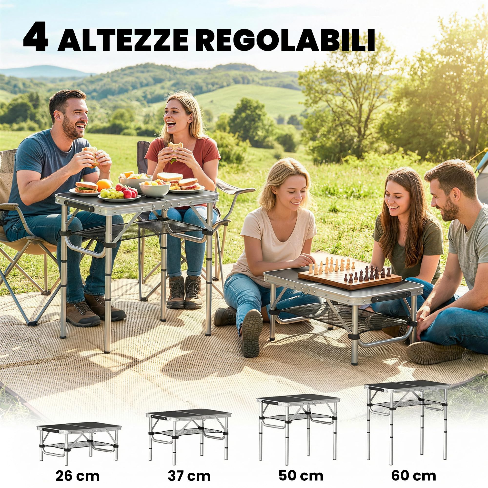 Outsunny Tavolo da Campeggio Pieghevole 60 cm, Tavolo da Picnic con Strato di Rete, 4 Livelli di Altezze Regolabili e Maniglia per il Trasporto, Nero