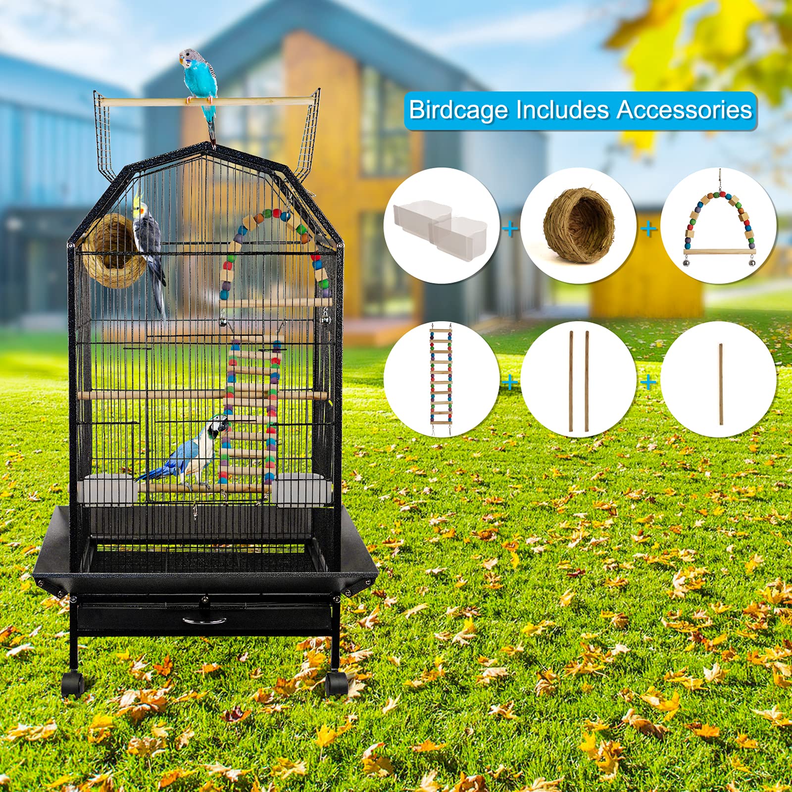 Lilithye Bird Cage Open Top Standing Parrot Parakeet Cage with Rolling