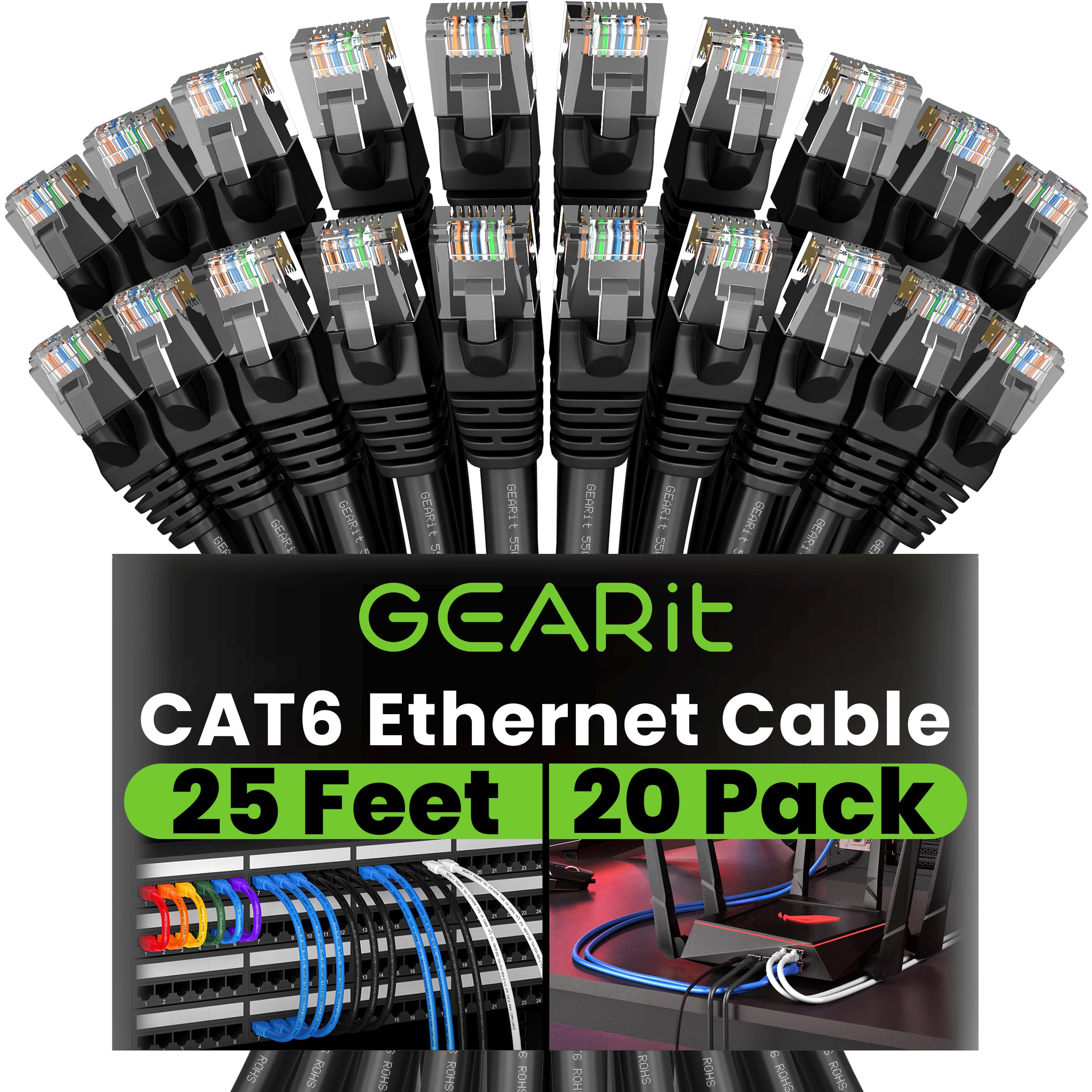 GearIT Cat 6 Ethernet Cable (20-Pack 25 Feet) Cat6 Network Patch, 10Gbps, RJ45, Snagless Cord, Gold-Plated Connectors, Internet for PC, TV, Tablet, Router, Printer, Servers, IT Data Center - Black
