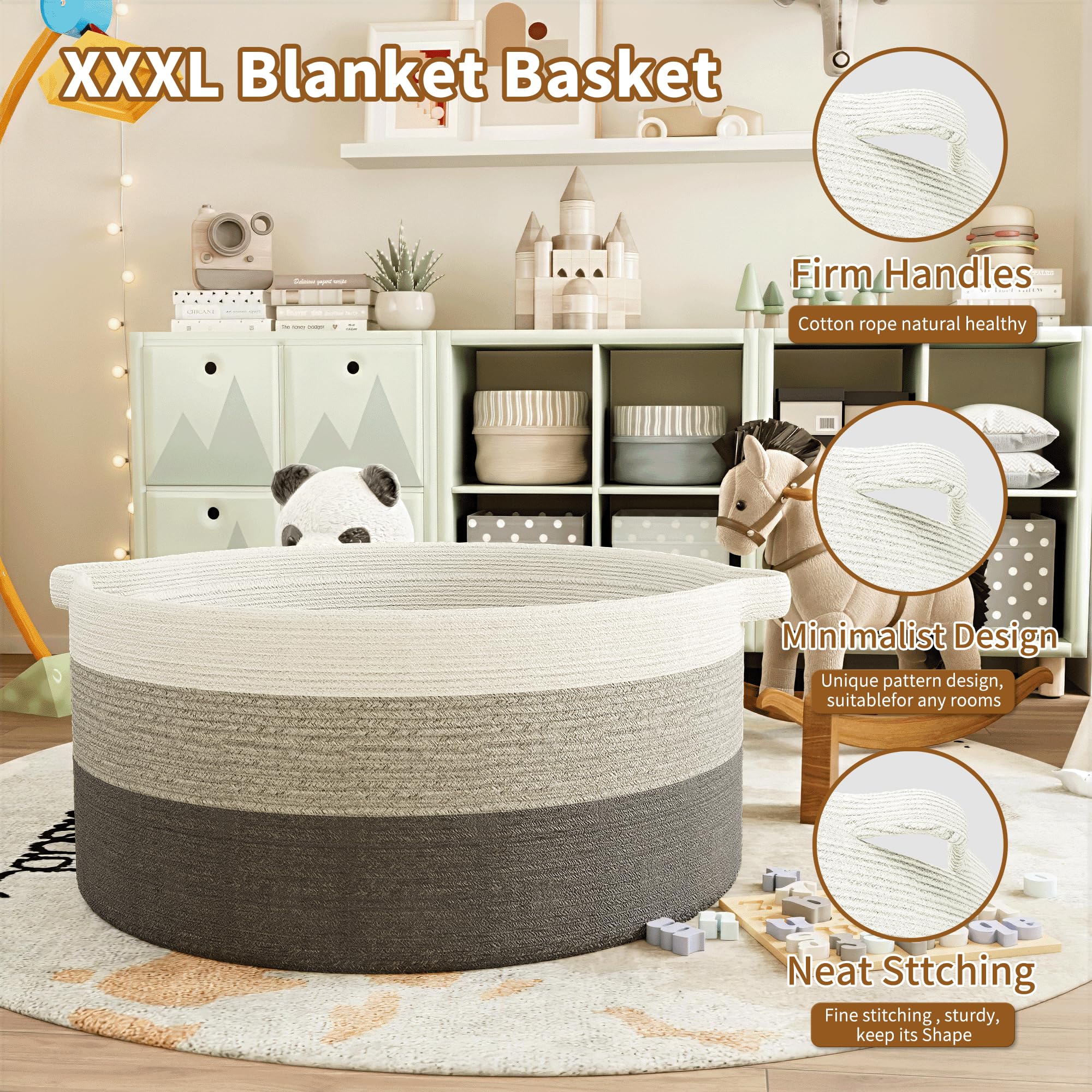 Cesto per coperte extra large da 125 l, 63,5 x 40,6 cm, cesto decorativo per la casa, in corda di cotone con manici, cestino per giocattoli per bambini, grigio graduale
