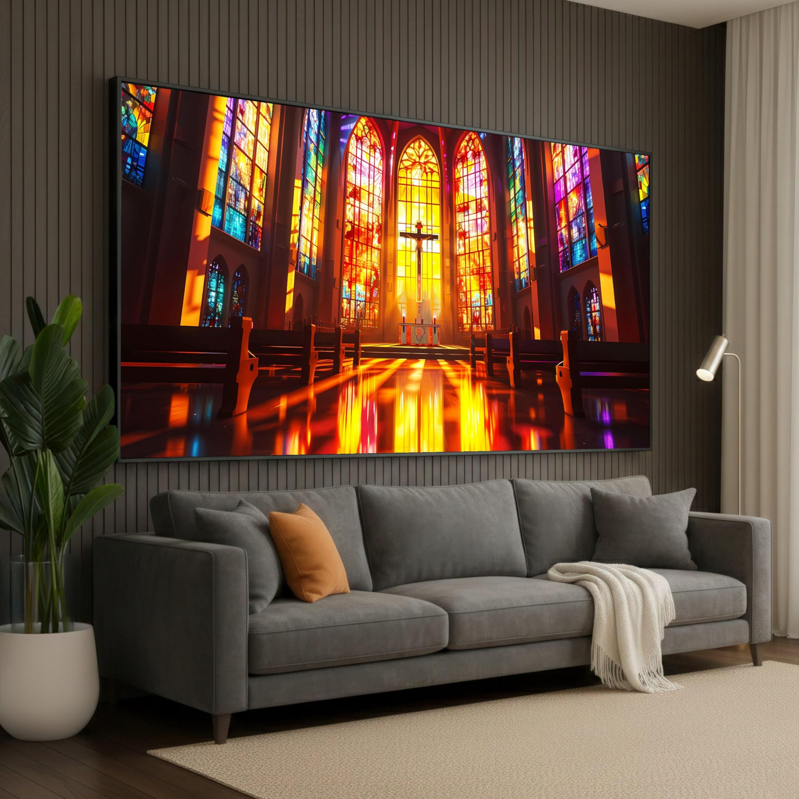 XINBAO Stained Glass Church Interior Canvas, Crucifix Wall, Colorful Reflection, Home Decor, Spiritual Canvas Artwork Painting(40x70cm/Frameless)