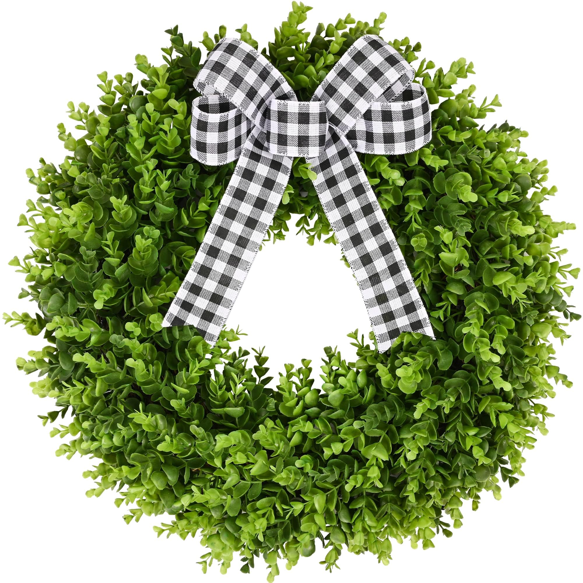 Vlorart 24" Faux Round Boxwood Wreath, Artificial Boxwood Wreath Front Door Wreaths Artificial Spring Summer Greenery Hanging with A Plaid Bow and