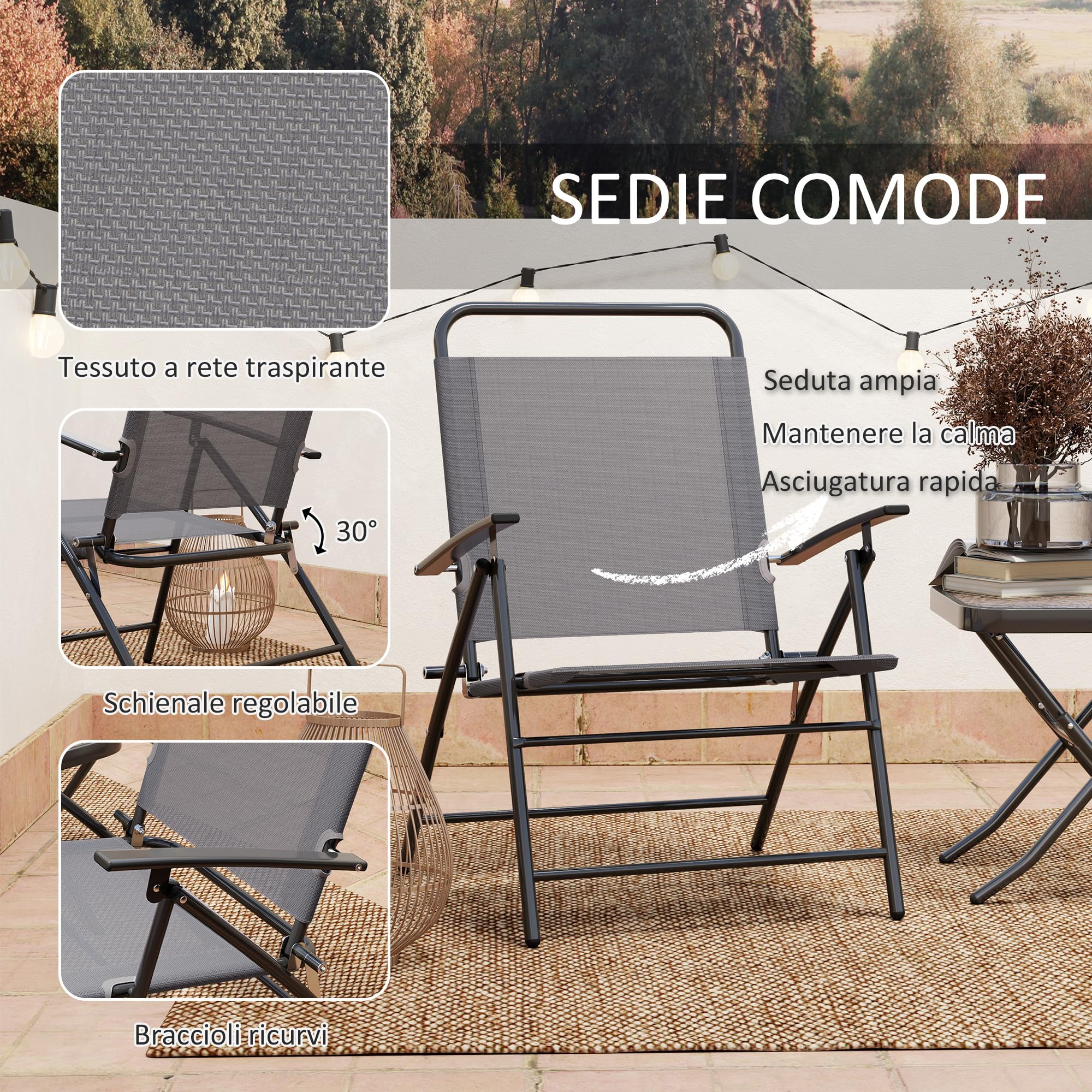 Outsunny Set da Giardino 3 Pezzi con Sedie Pieghevoli e Tavolo in Acciaio e Vetro Grigio