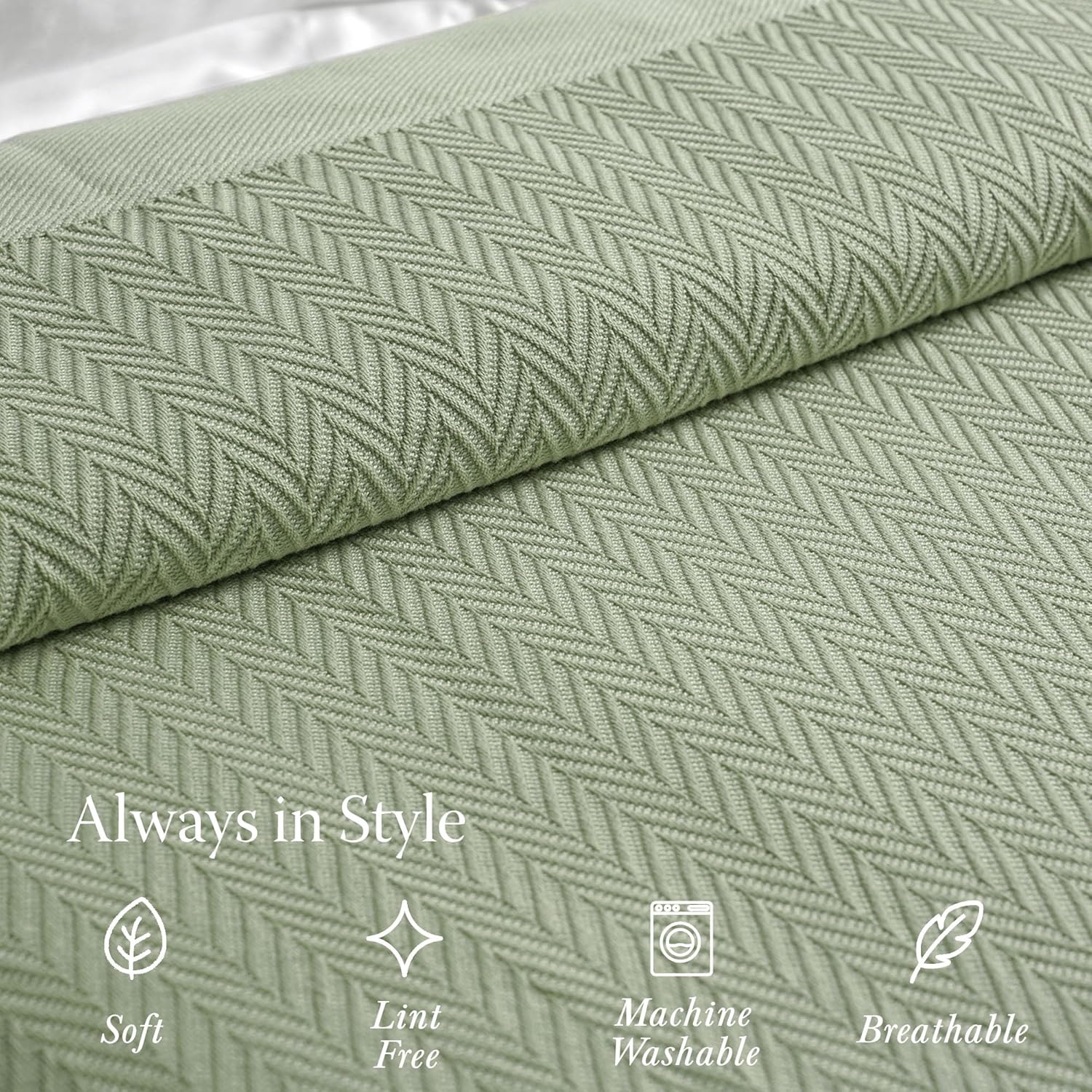 Threadmill Luxury Cotton Blankets Queen Size | All-Season 100% Cotton Blanket for Queen/Full Size Bed | Herringbone Soft Breathable | Sage Green