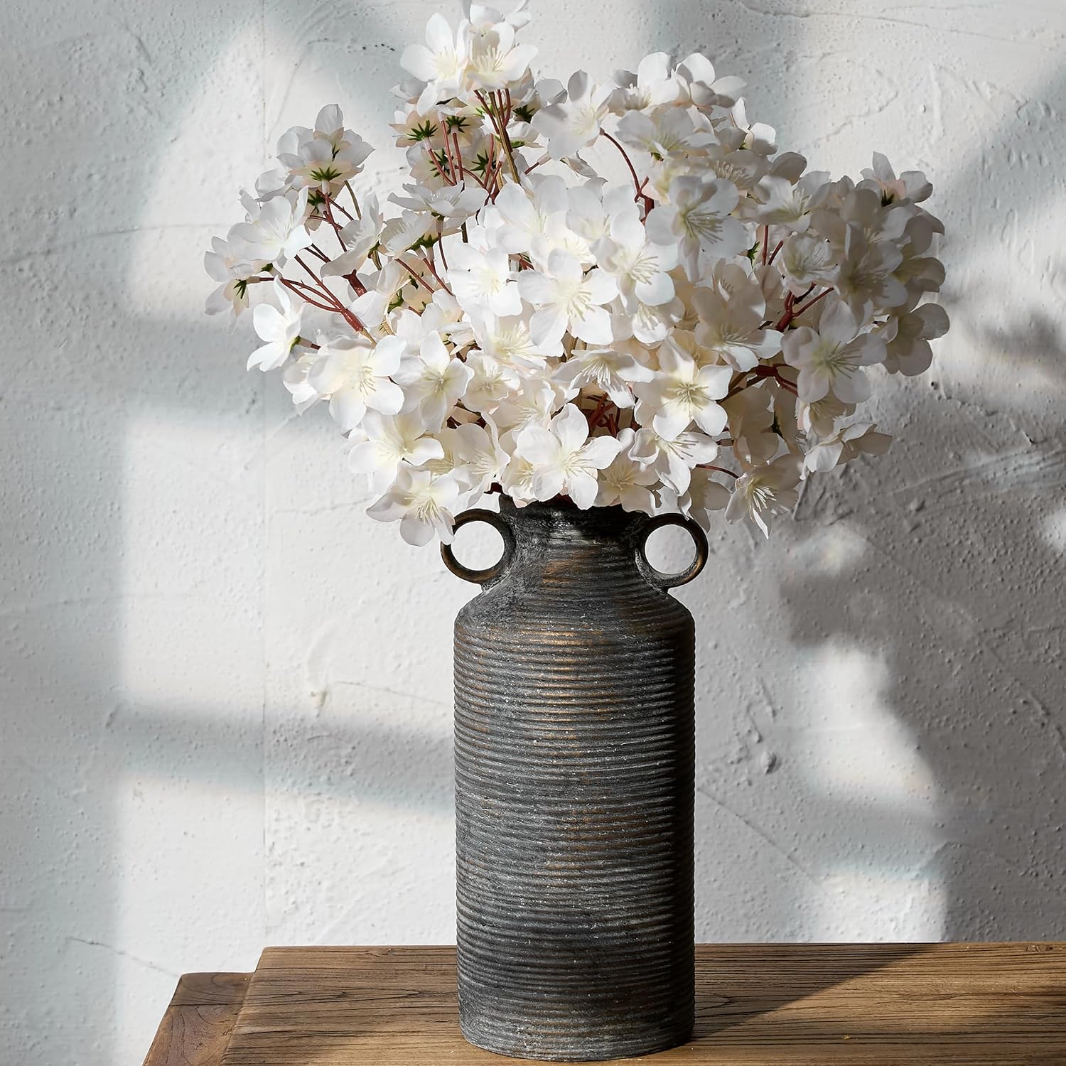 Ceramic Rustic Vase with 2 Round Handles, Antique Farmhouse Flower Vase, Vintage Terracotta Vases for Home Decor, Wedding, Living Room, Table, Shelf Decor - 10.2 Inch Tall, Black Bronze - Image 2