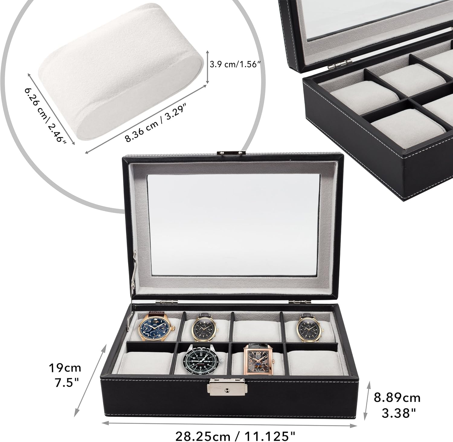TIMELYBUYS Elegant XL Oversized Extra Large Watch Display Case and Storage Organizer Box for up to 65 MM Watches with Glass Top and Large Pillows Father's Day Gift