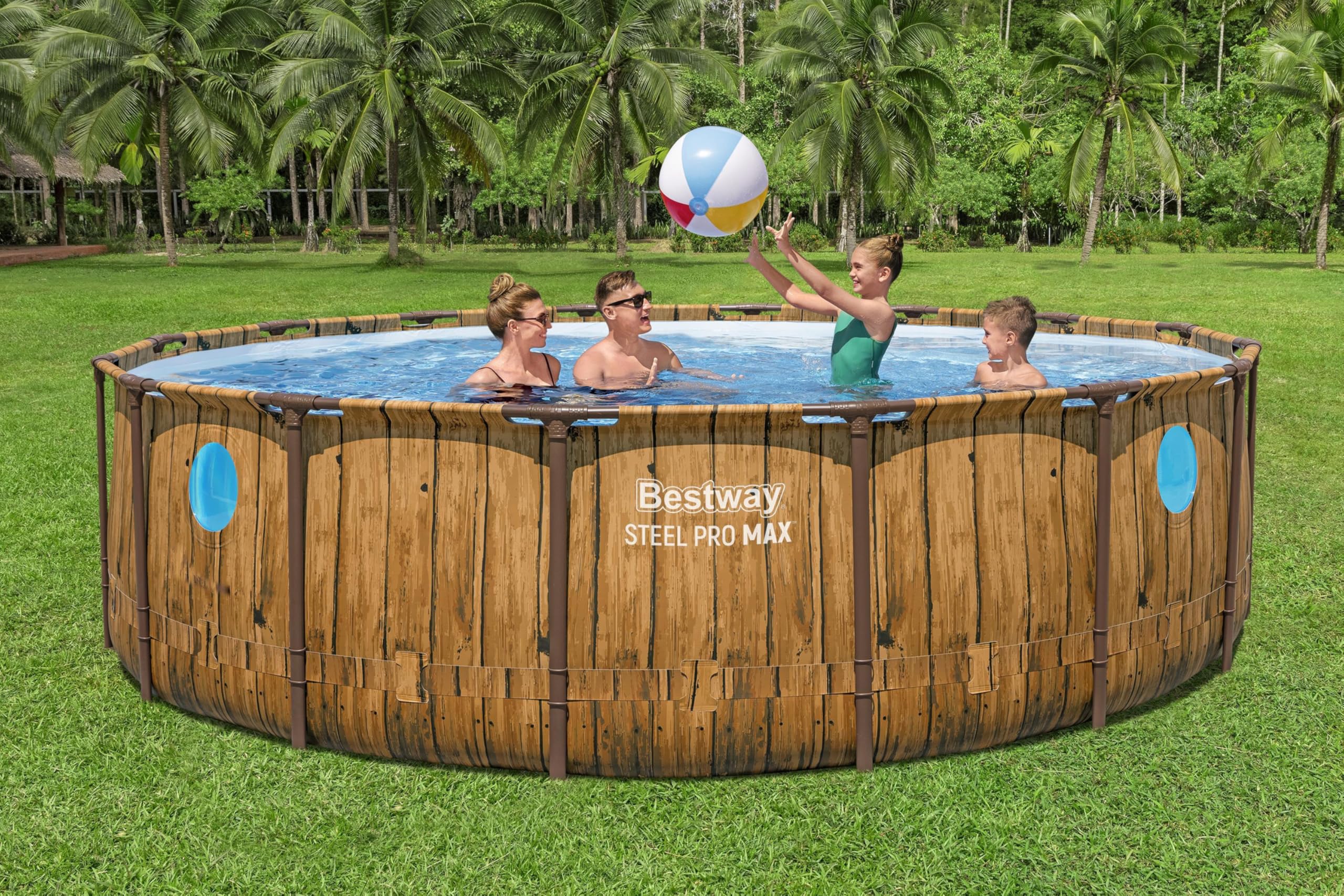 Bestway Steel Pro MAX Splashview Frame Pool Komplett-Set mit Filterpumpe Ø 488 x 122 cm, Holz-Optik (Pinie), rund