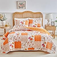 Joyreap Queen 3-Piece Floral Patchwork Quilt Set - Vibrant Orange White Flowers, Soft Microfiber All-Season Bedspread 90x90"