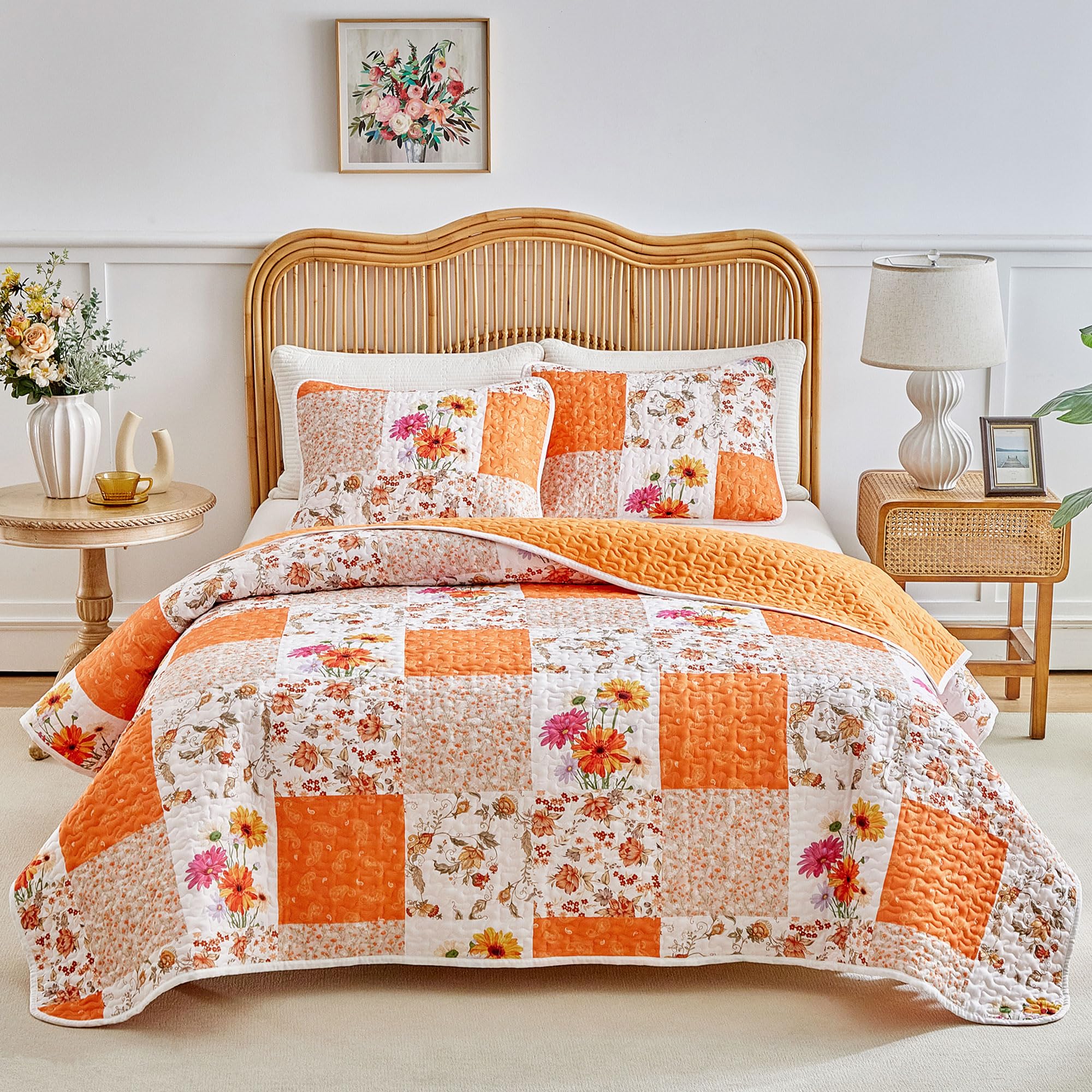 Joyreap 3 Pieces Quilt Set California King, 102x114 inches- Floral Patchwork Orange n White Flowers Design, Smooth Soft Microfiber Quilt, Bedspread Bed Cover for All Season