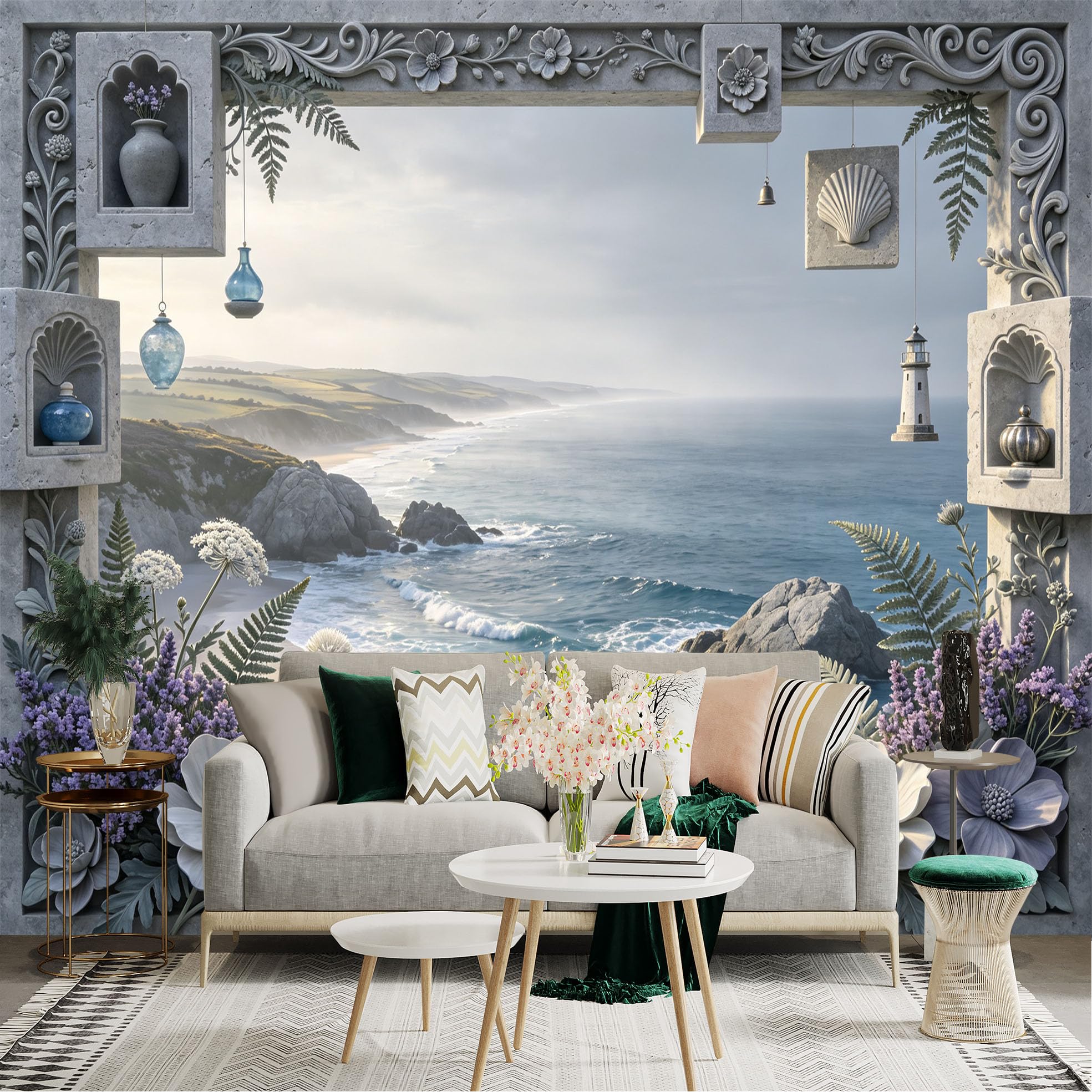 Lnzczhyre Bh260719181 Custom Size Wall Sticker Mural， Coastal Sea View With Stone Frame， Floral Decorations， Lighthouse， For Wall Decoration， Peelandstick Wall Decals.