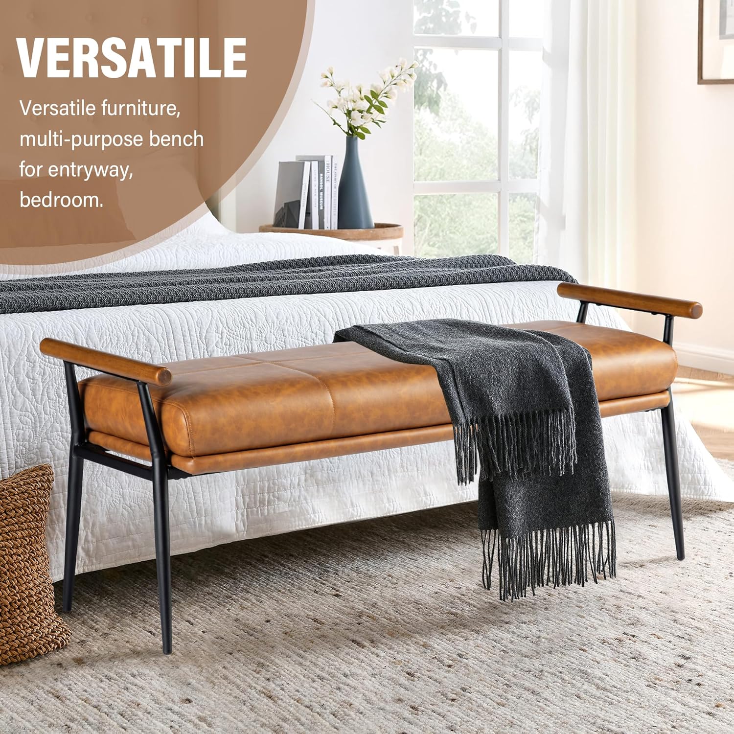 Glitzhome 48''L End of Bed Bench with Rubberwood Handle, Leather Ottoman Bench, Entryway Shoe Bench with Metal Legs, Dining Bench for Dining Room Bedroom Living Room, Brown