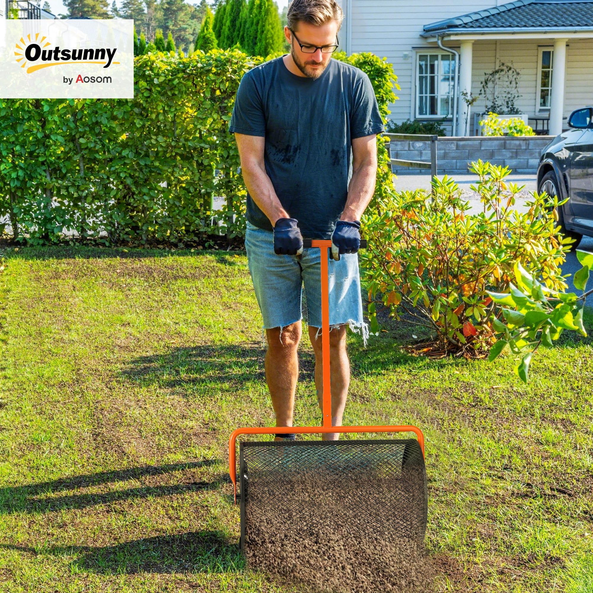 Outsunny Esparcidor de compost, 61 cm de altura ajustable, mango en forma de T, color naranja | Esparcidor de jardín de musgo de turba, cesta de malla de metal, para sembrar, esparcir estiércol