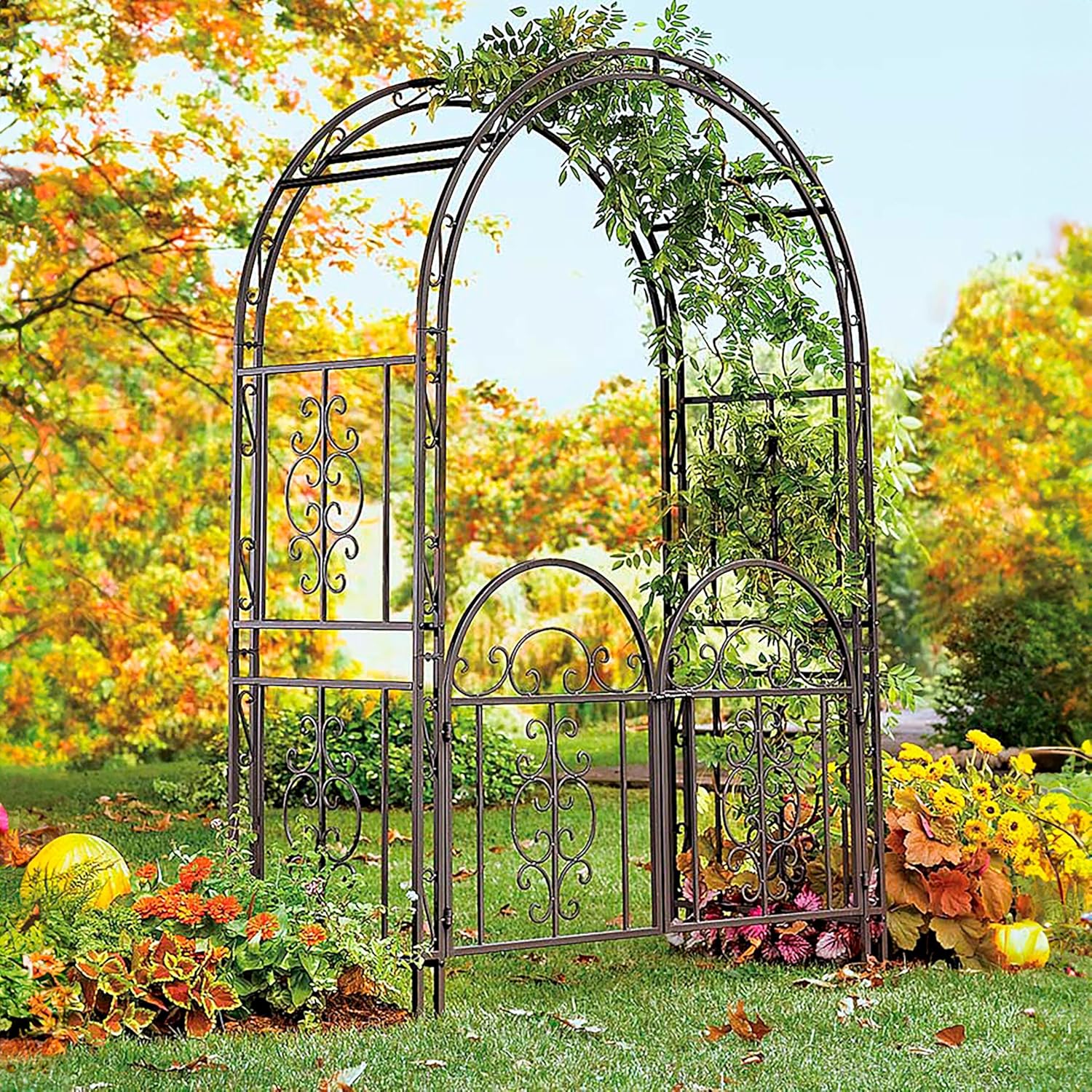 Plow & Hearth Montebello 7ft Metal Garden Arbor Double Gate - Gunmetal Black Trellis for Climbing Plants & Privacy