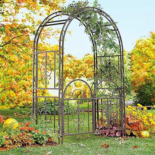 Plow & Hearth Arch Metal Outdoor Garden Arbor Double Gate | Montebello | 7 Feet Tall | Gunmetal Black | Steel Iron Trellis Lattice Climbing Plants & Heavy Vines