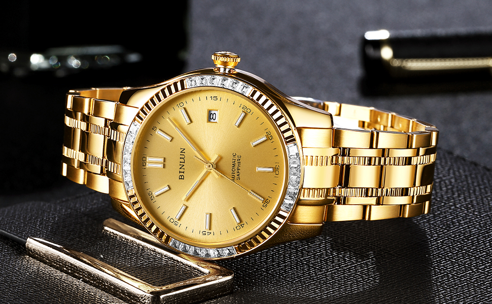 Amazon.co.jp: BINLUN 腕時計 メンズ ゴールド 機械式 自動巻き