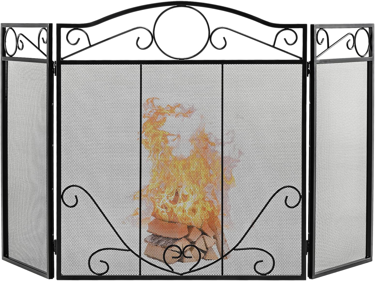 COSTWAY 3 PCS Folding Iron Fire Panel, Spark Flame Barrier with Leaves Decoration, Wide Metal Mesh Safety Fire Place Guard for Wood and Coal Firing, Stoves, Grills (Scrollwork Pattern, 127x73cm)