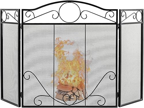 Giantex Pantalla plegable de 3 paneles para chimenea, color negro, 50 x 29 pulgadas, no requiere montaje, pantalla de malla de acero independiente