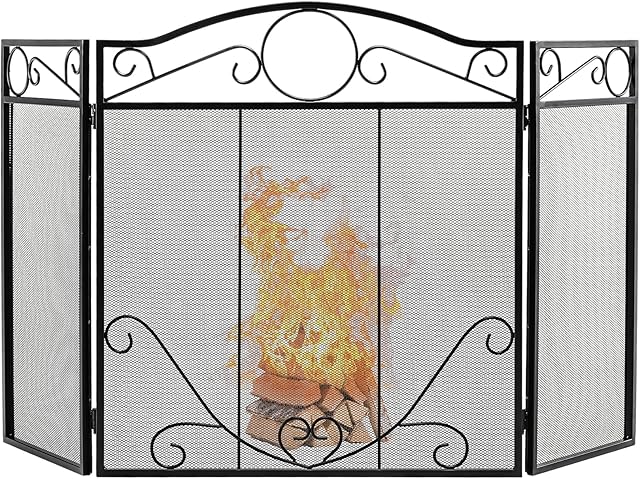 COSTWAY 3 PCS Folding Iron Fire Panel, Spark Flame Barrier with Leaves Decoration, Wide Metal Mesh Safety Fire Place Guard for Wood and Coal Firing, Stoves, Grills (Scrollwork Pattern, 127x73cm)
