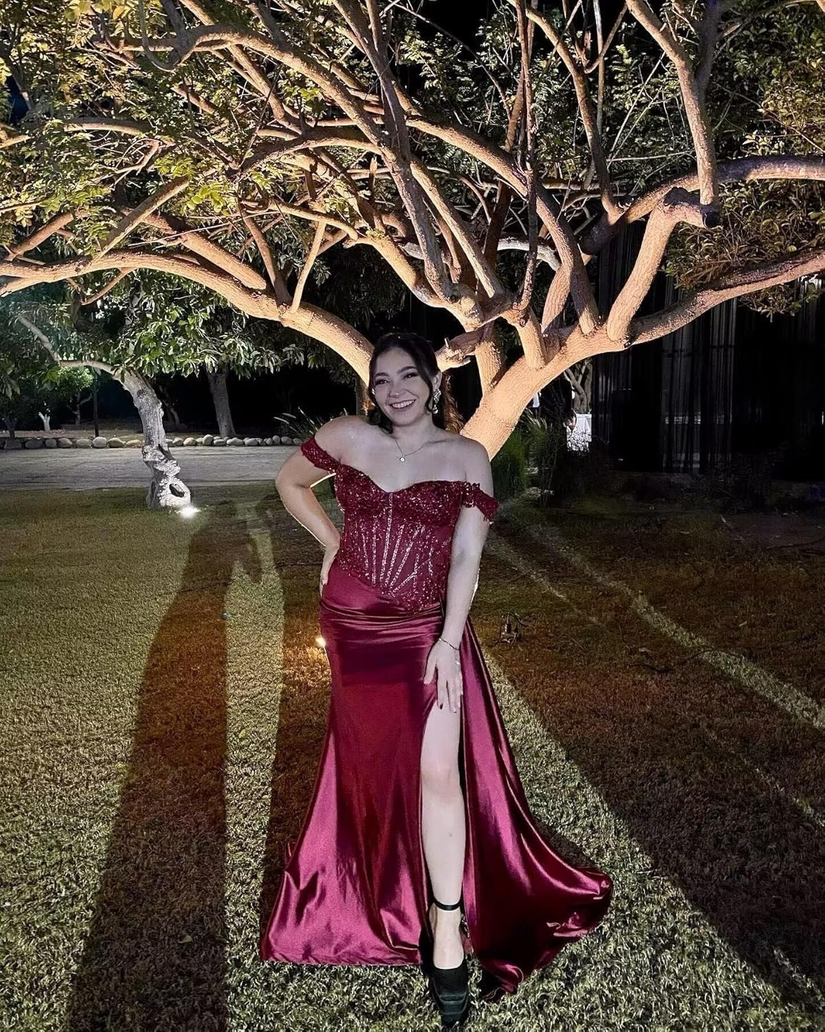 Lace Mermaid Prom Dresses Satin Off Shoulder Sparkly Sequin Formal Evening Gowns with Slit