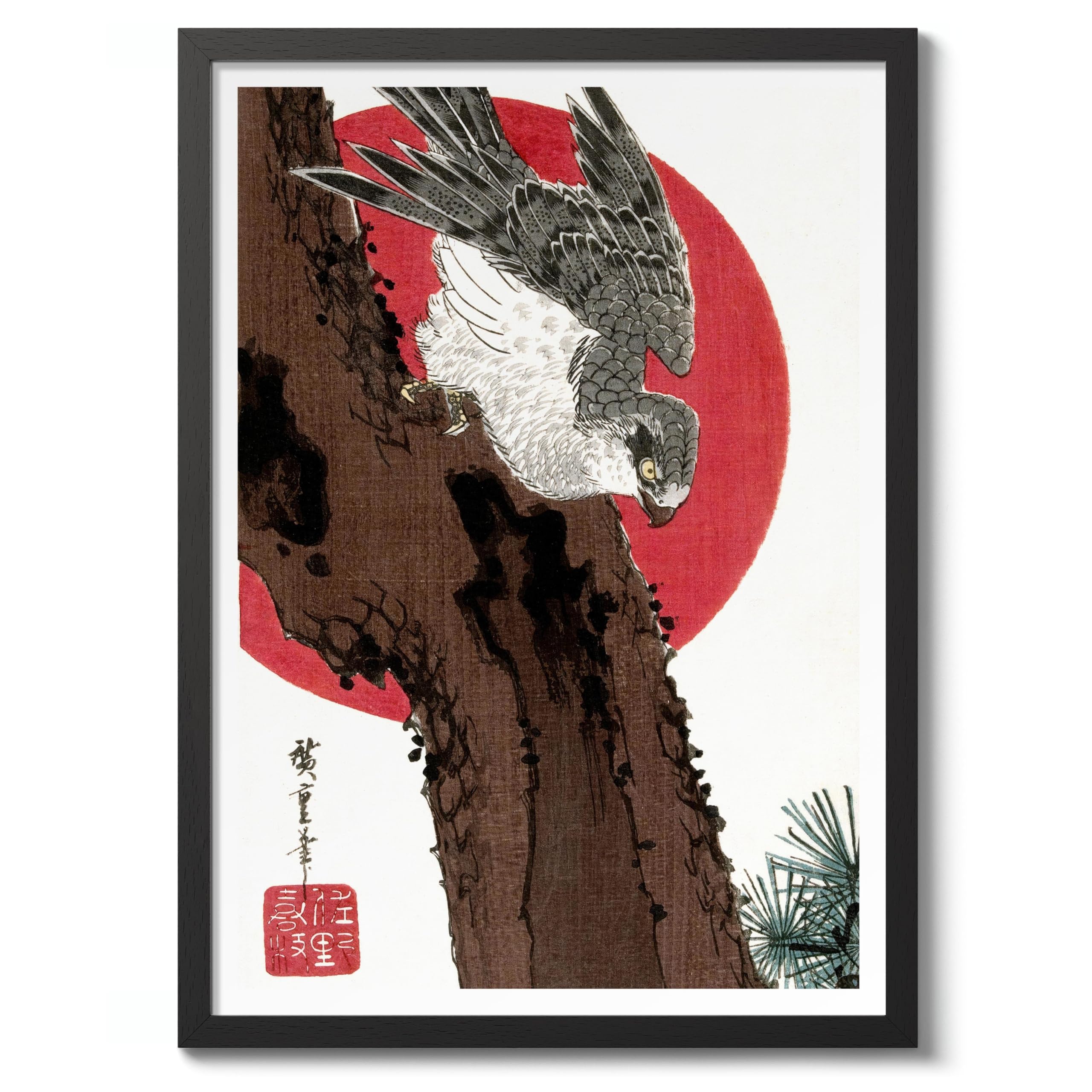 Hawk & Red Sun Utagawa Hiroshige Poster, Japanese Woodblock Ukiyo-E Print, Vintage Art Picture Painting Wall Art Exhibition Bedroom Home Decor, A4 (Black Frame) - 32.7x24.1cm
