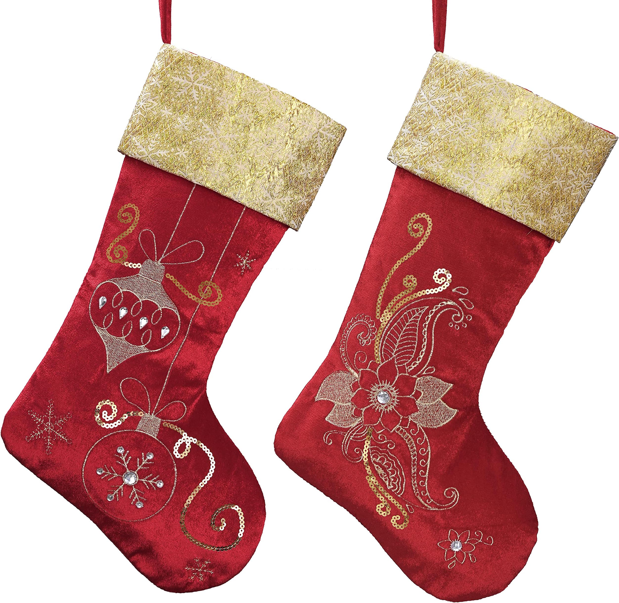 Christmas Stockings for Christmas Gifts & Decorations, 21 Inch Fabric 2 Pack Red Gold Flowers Embroidery Plush Personalized Fireplace Hanging Ornament for Holiday Xmas Party Decor