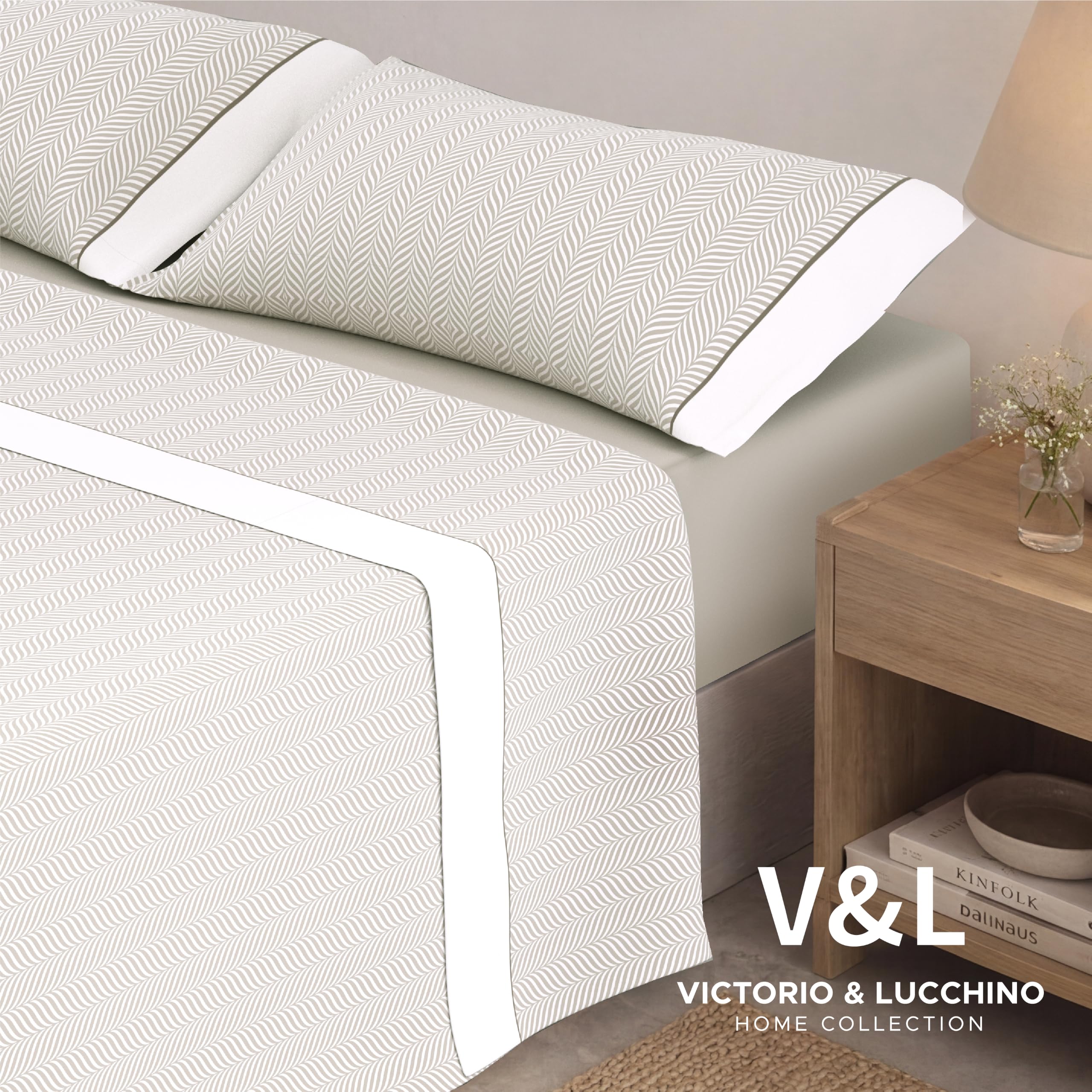 Victorio & Lucchino Juego de Sábanas Estampadas de Verano 100% Algodón Percal (Cama 180cm (2 Almohadas), Analia - Beige)