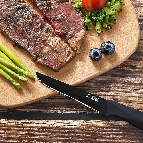 Miniatura 3 de UPTRUST Juego de 6 cuchillos para carne, acero inoxidable de alto carbono, aptos para lavavajillas, color negro elegante