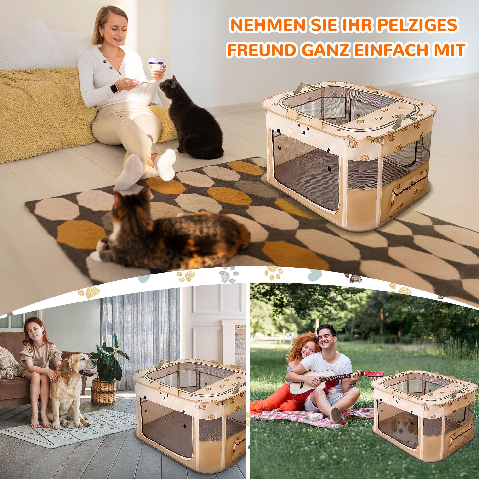 ALLSOPETS Welpenauslauf Faltbarer Laufstall Hund Katze, Tragbarer Welpenlaufstall Hundebox Freigehege mit Tragetasche für Innen, Außen, Reisen und Camping (Brauner Bär, XXL)