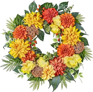 24-Inch Fall Wreaths for Front Door with Hydrangeas Dahlias Daisy Silk Flowers and Berry Greenery for All Seasons Indoor Outdoor Wedding Farmhouse Porch Wall Living Room Home Wedding Decor