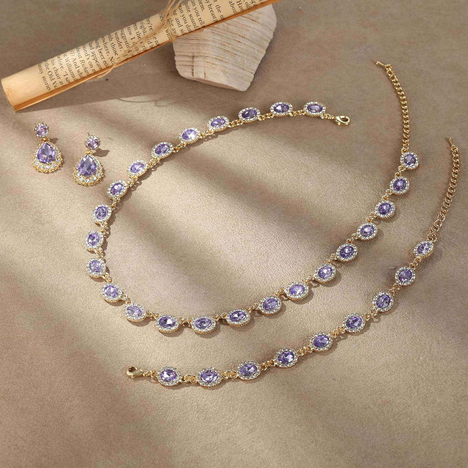 Crysdue Wedding Jewelry Set for Women Brides Oval Rhinestone Crystal Collar Necklace Link Bracelet Teardrop Pierced Dangle Earrings for Prom Party