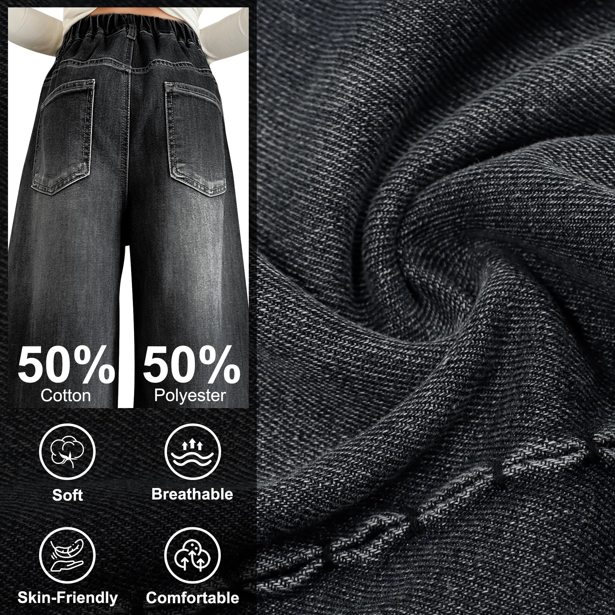 Jeans pour Filles Baggy Denim Pantalon Long avec Haute Taille Élastique, Loose Fit Doux Mode Casual Polyvalent Enfants Vetement Décontracté Ado Streetwear pour 7-14 Ans