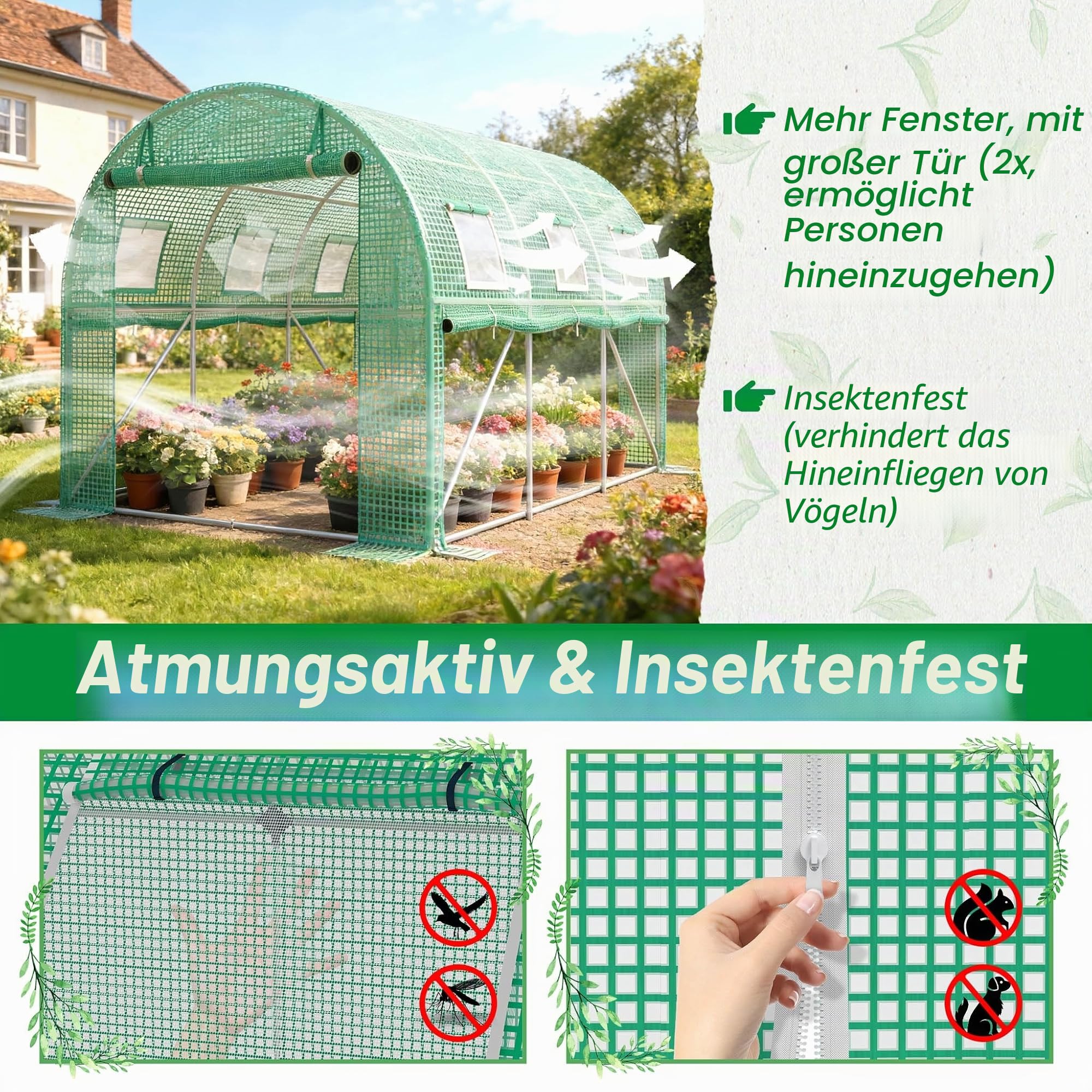 UISEBRT Gewächshaus Foliengewächshaus mit 2 Tür,16 Aufrollbare Fenster mit Moskitonetz,Folientunnel Tomatenhaus aus verzinktem Stahl, PE, Folienzelt inkl. Erdanker & Seilen,800x300x200cm