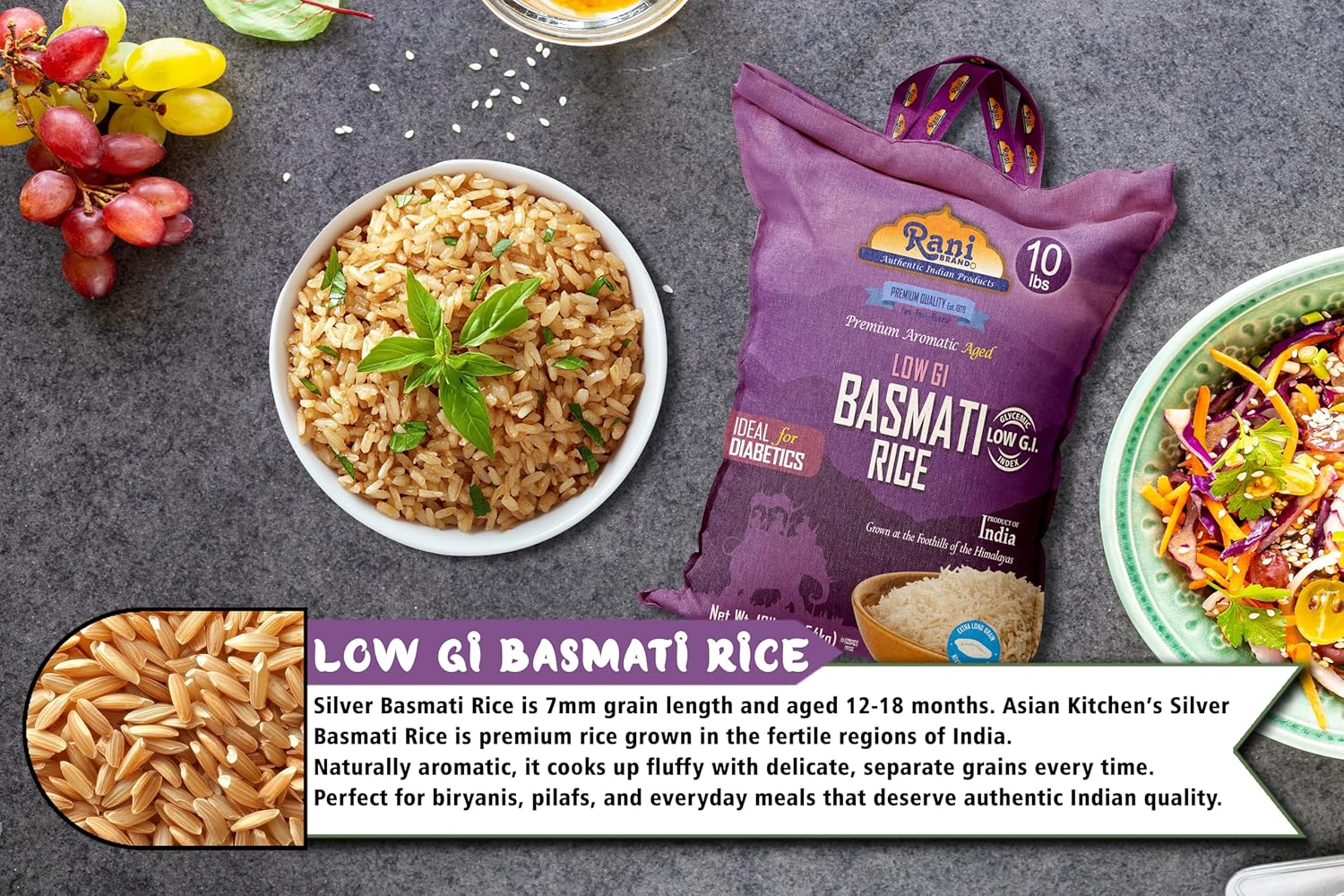 Rani White Basmati Rice Low GI (Glycemic Index) Extra Long Aged, Ideal for Diabetics, 10lbs (160oz) 4.53kg Cloth Bag ~ All Natural | Gluten Free | Vegan | Indian Origin | Export Quality